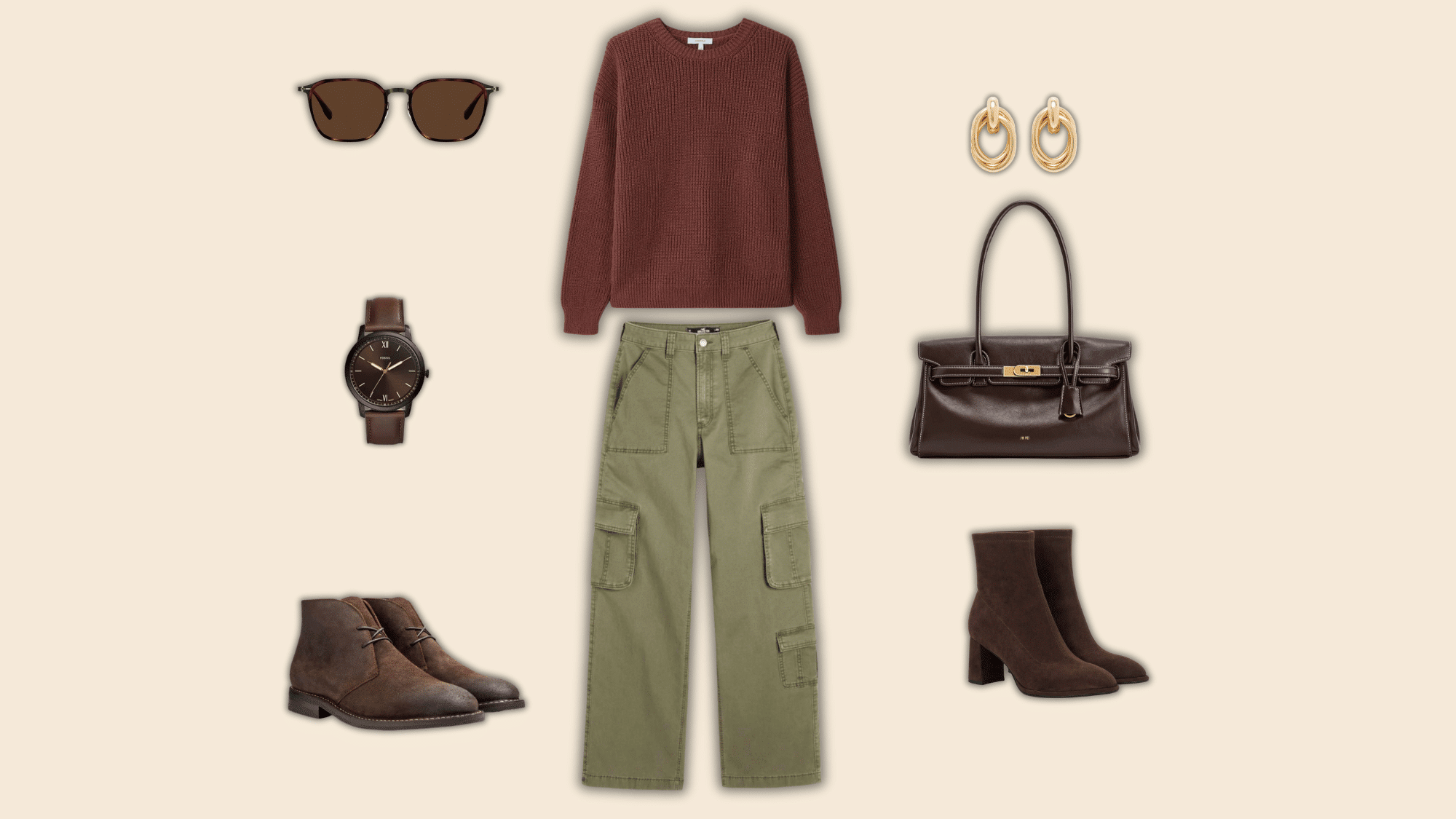 rust sweater olive cargo pants with brown fall accessories