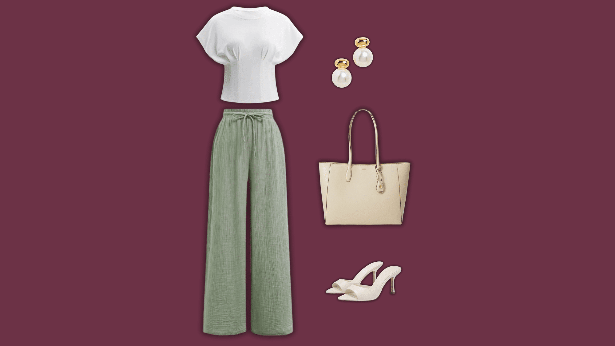 sage linen pants with white top and cream accessories
