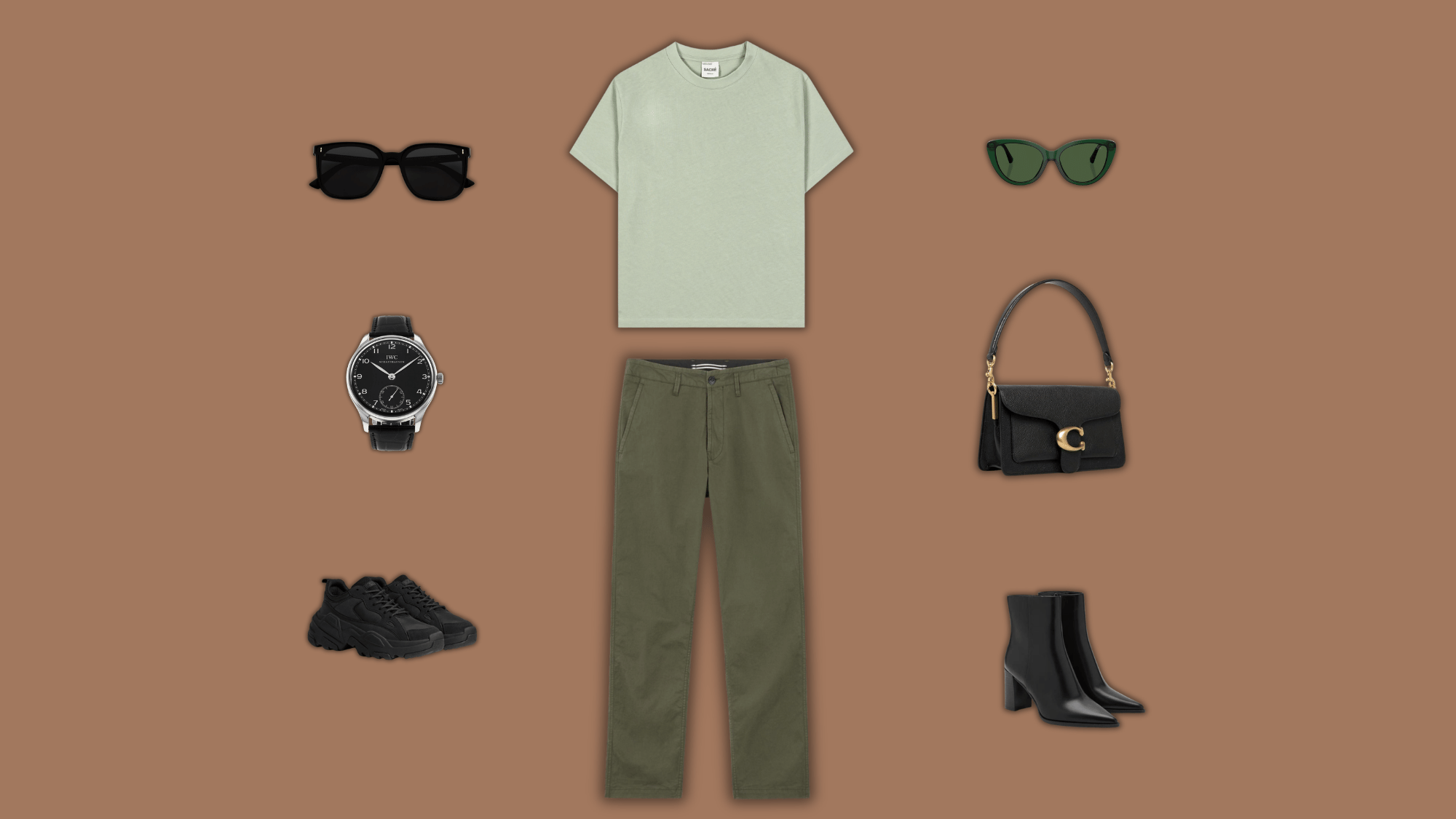 sage shirt dark olive pants with monochrome green accessories