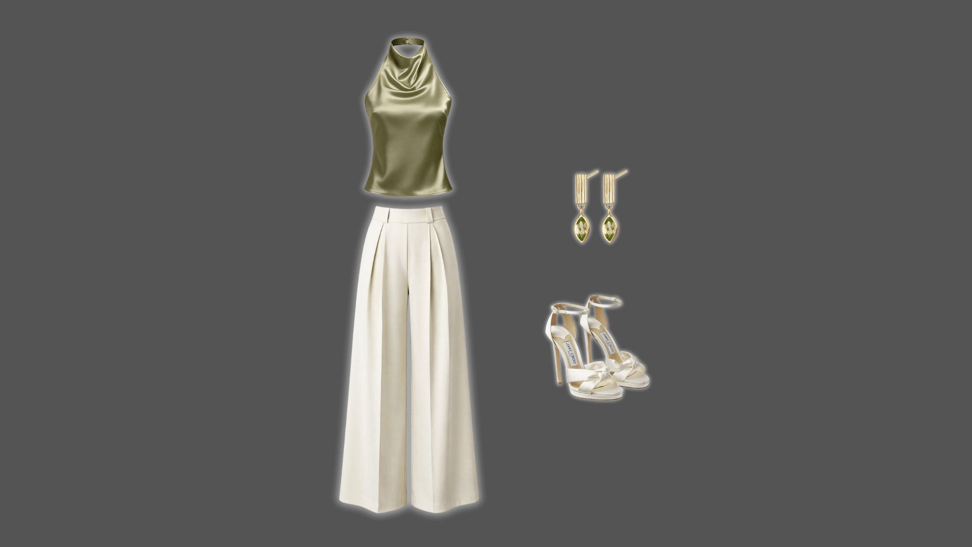 satin cami with cream wide leg trousers and heels