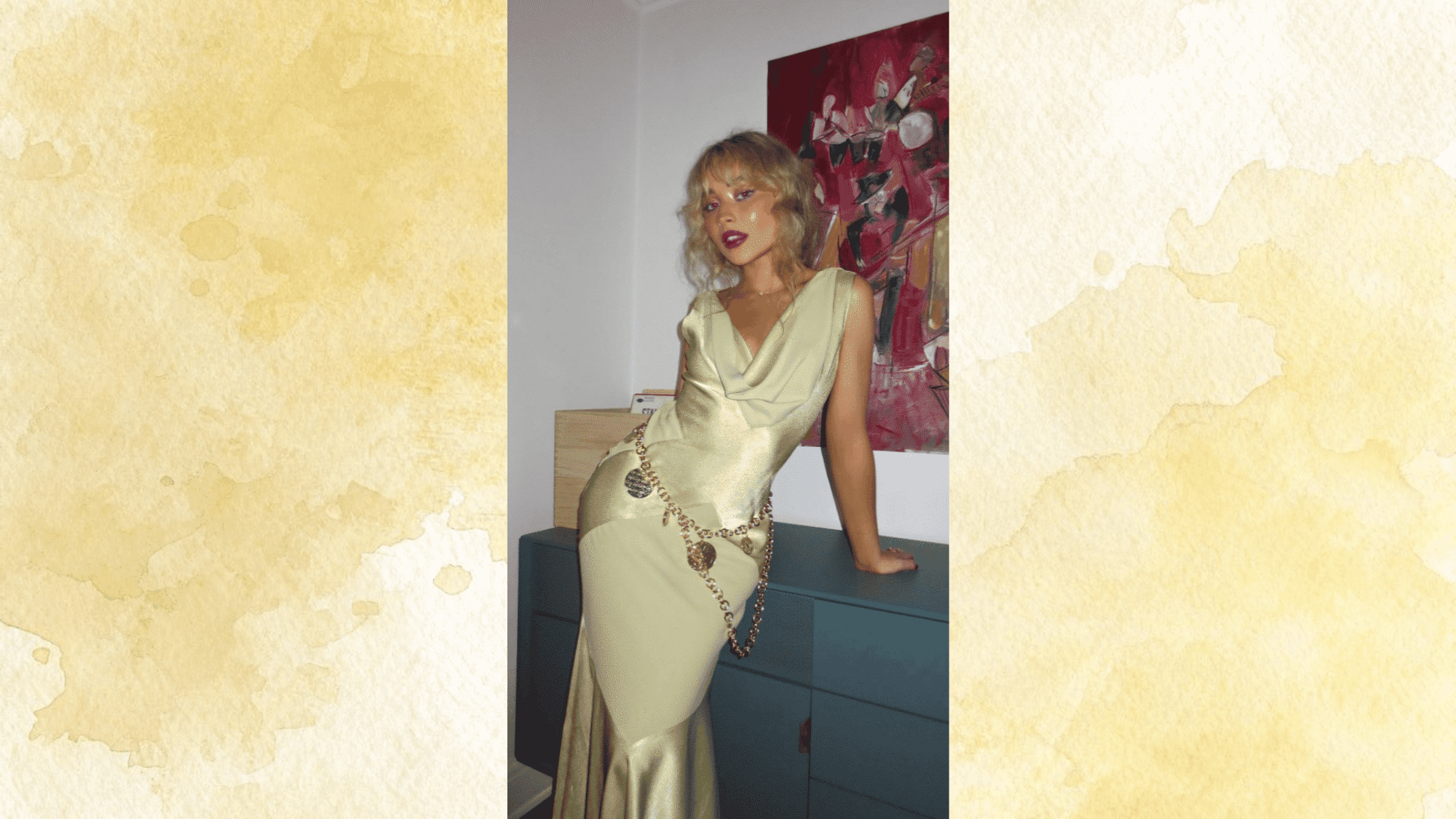 women in satin dress with gold chain belt styled in soft luxury editorial fashion aesthetic vibe