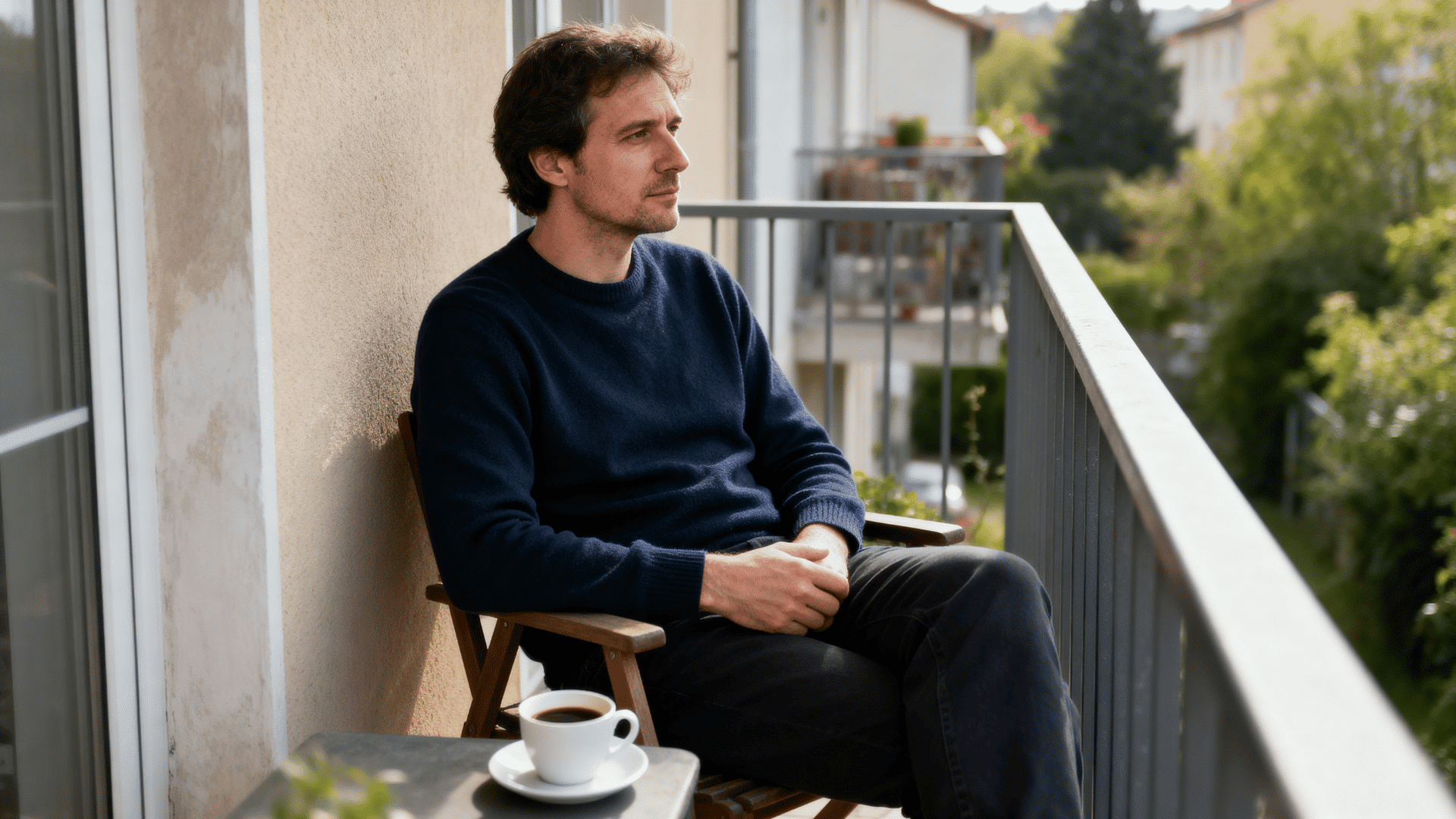 man relaxing with a cup of coffee while taking a short break from his daily activities