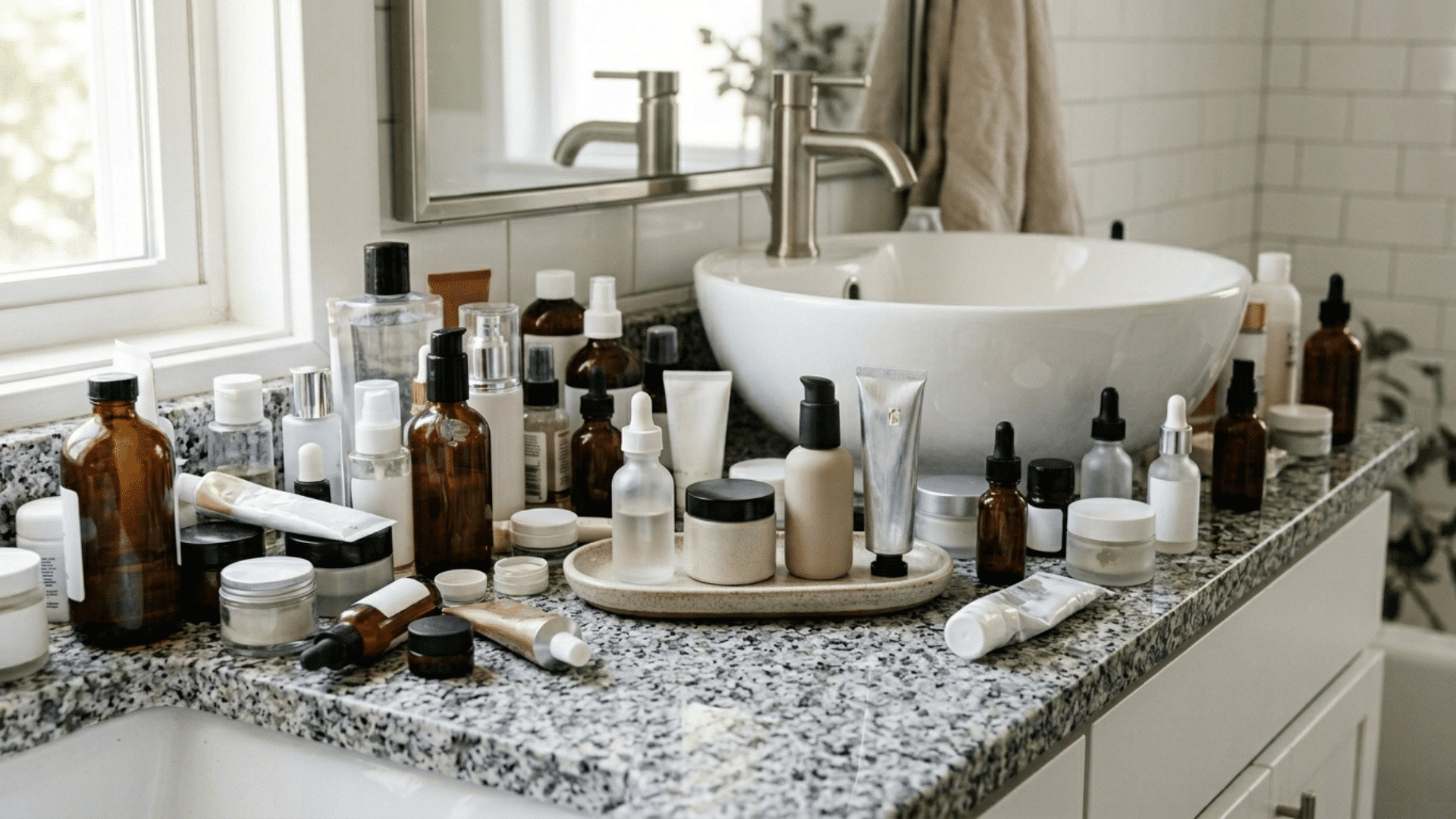 bathroom countertop with numerous skincare products scattered around a sink, with a small tray of essential skincare items neatly organized in the center