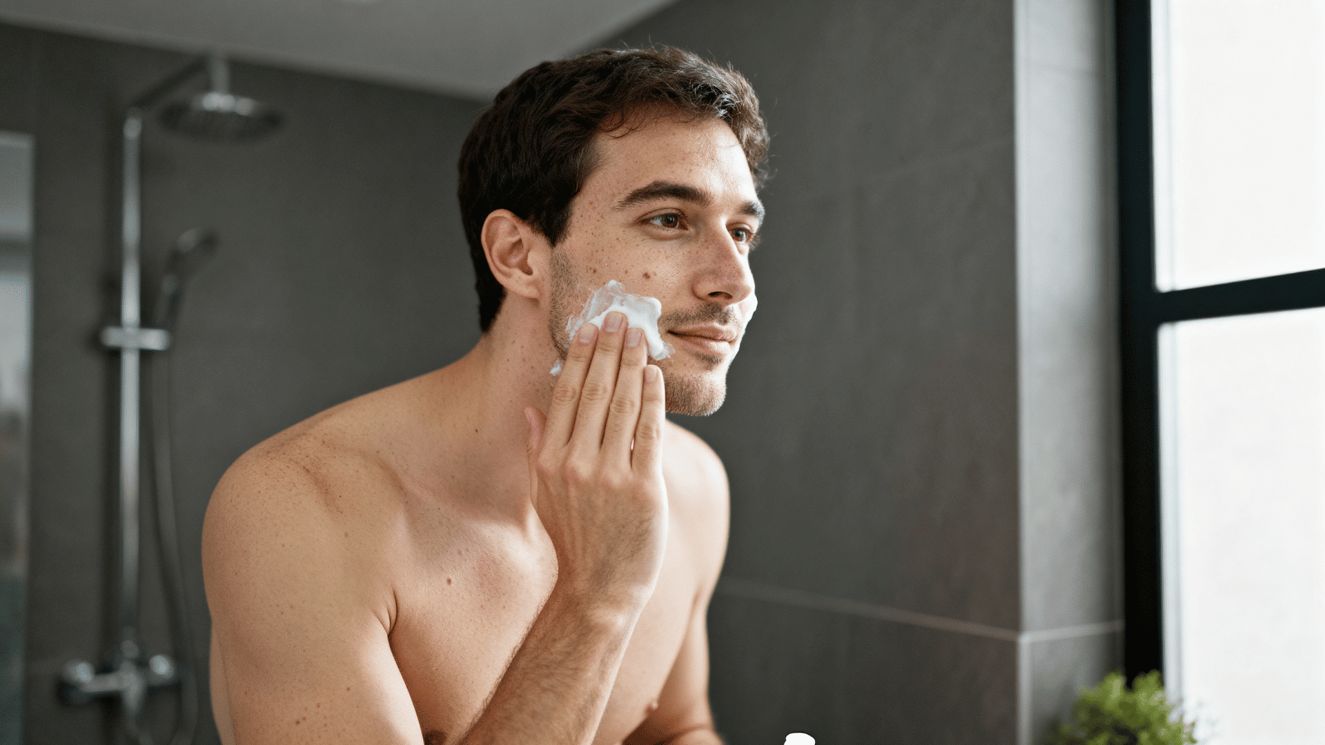 man applying moisturizer to his face in front of a bathroom mirror during his daily skincare routine
