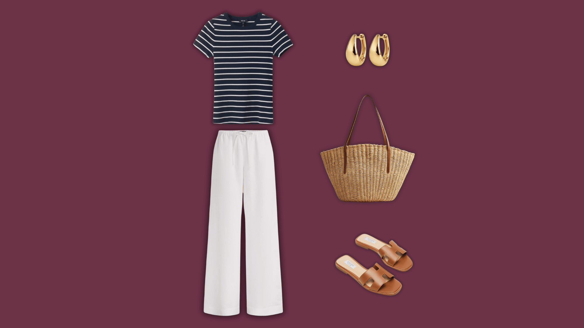 striped tee with white linen pants and summer accessories