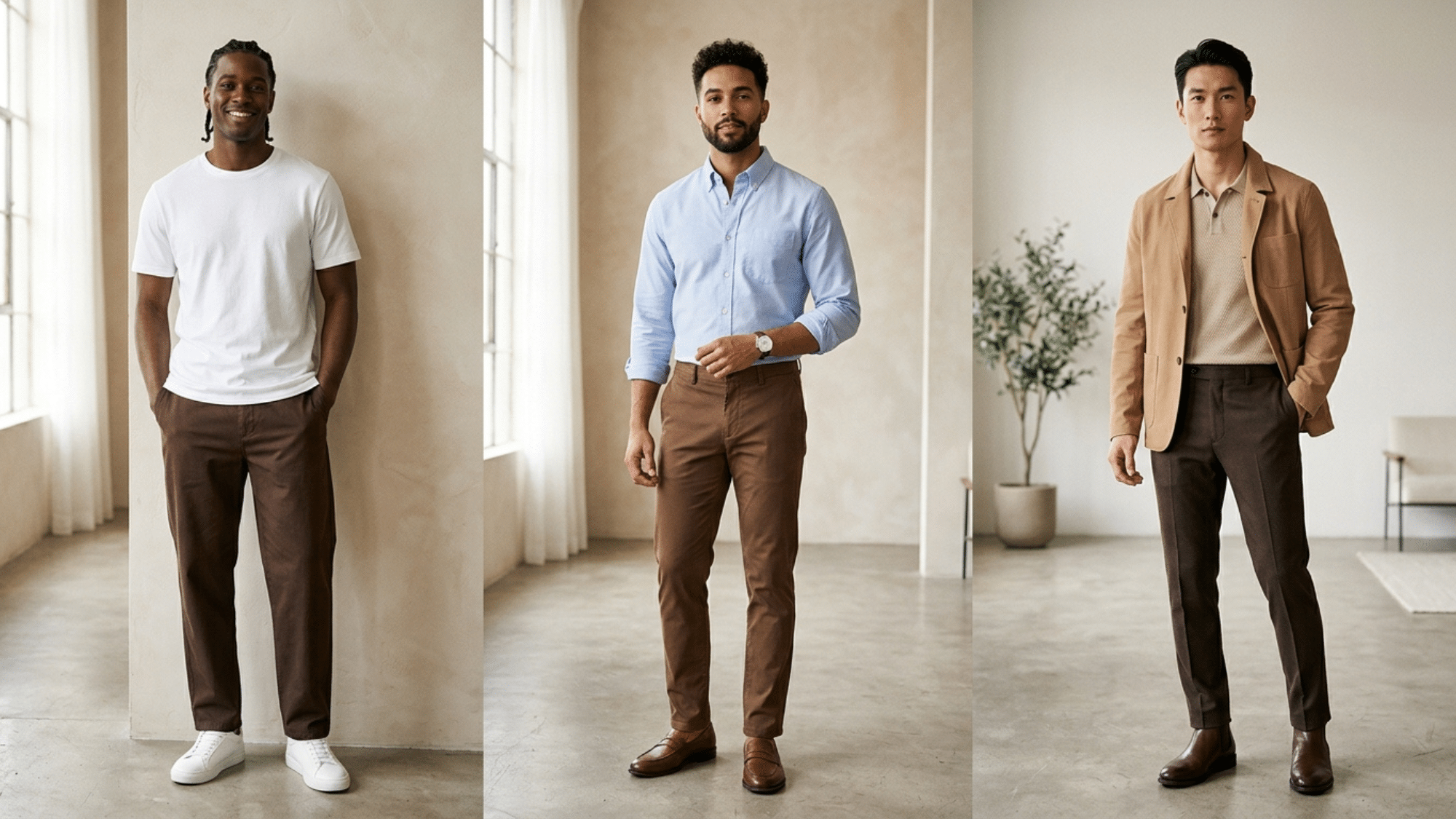three-men-indoors-wearing-brown-pants-styled-casual-smart-casual-and-formal-outfits-on-neutral-minimalist-background