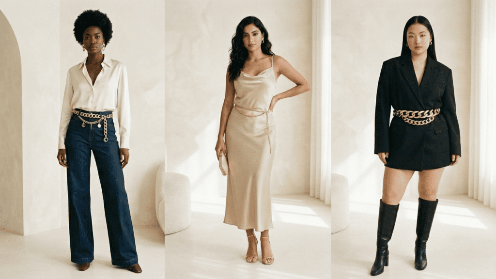 three-women-fashion-collage-wearing-gold-chain-belts-with-jeans-slip-dress-and-blazer-dress-in-luxury-editorial