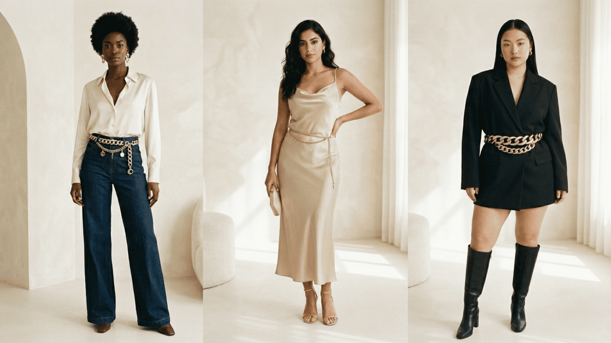 three-women-fashion-collage-wearing-gold-chain-belts-with-jeans-slip-dress-and-blazer-dress-in-luxury-editorial