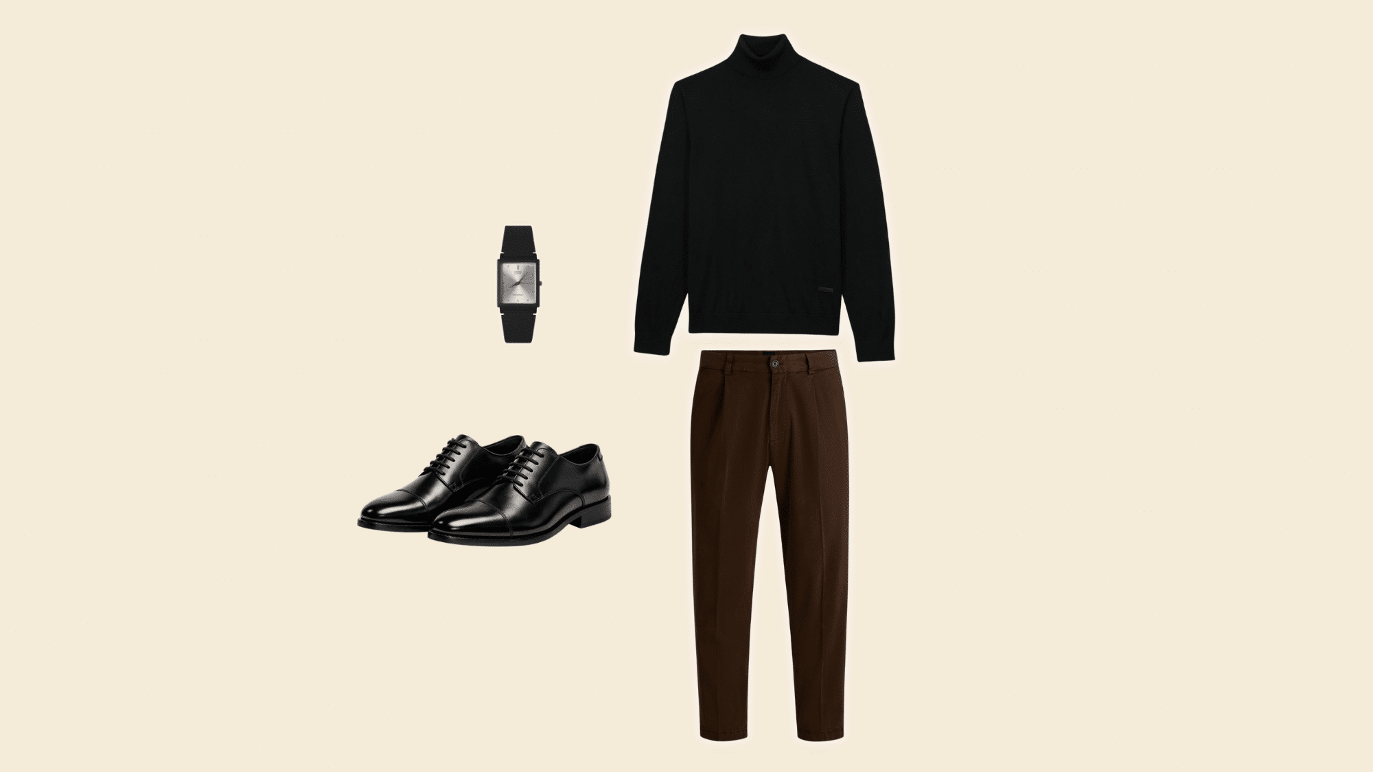 black shirt or turtleneck with dark brown tailored pants and black dress shoes