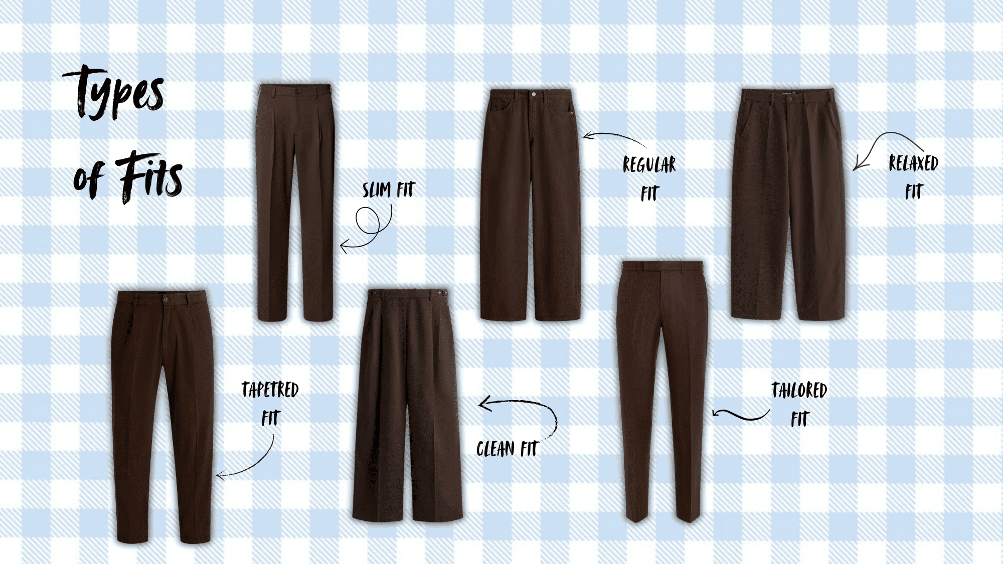 types-of-brown-pants-fits-including-slim-fit-regular-fit-relaxed-fit-tapered-fit-clean-fit-and-tailored-fit-on-blue-checked-background