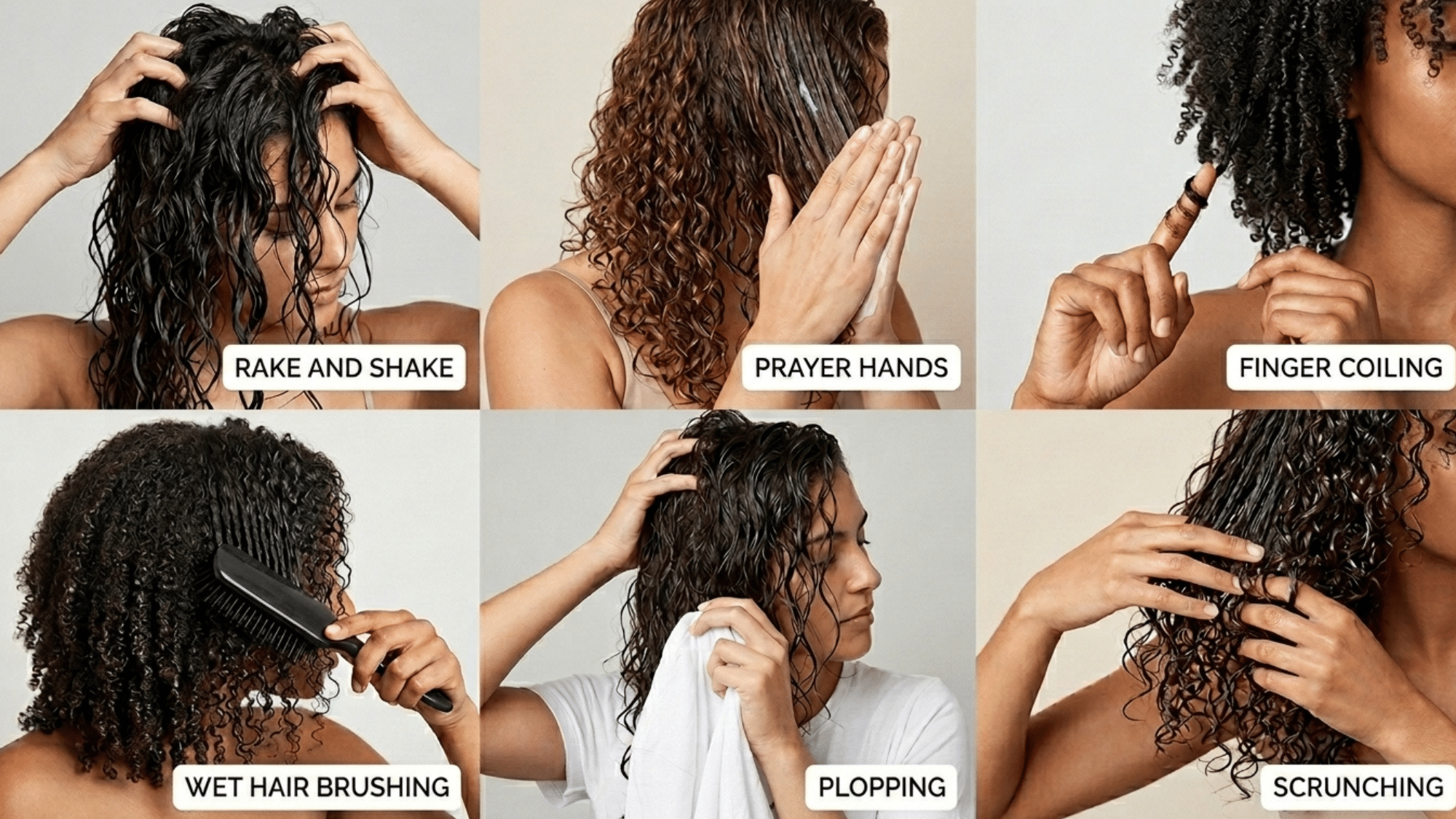 six women styling <echighlighted><echighlighted><echighlighted><echighlighted>wet curly hair</echighlighted></echighlighted></echighlighted></echighlighted> using scrunching finger coiling wet brushing and plopping techniques in a minimal background collage
