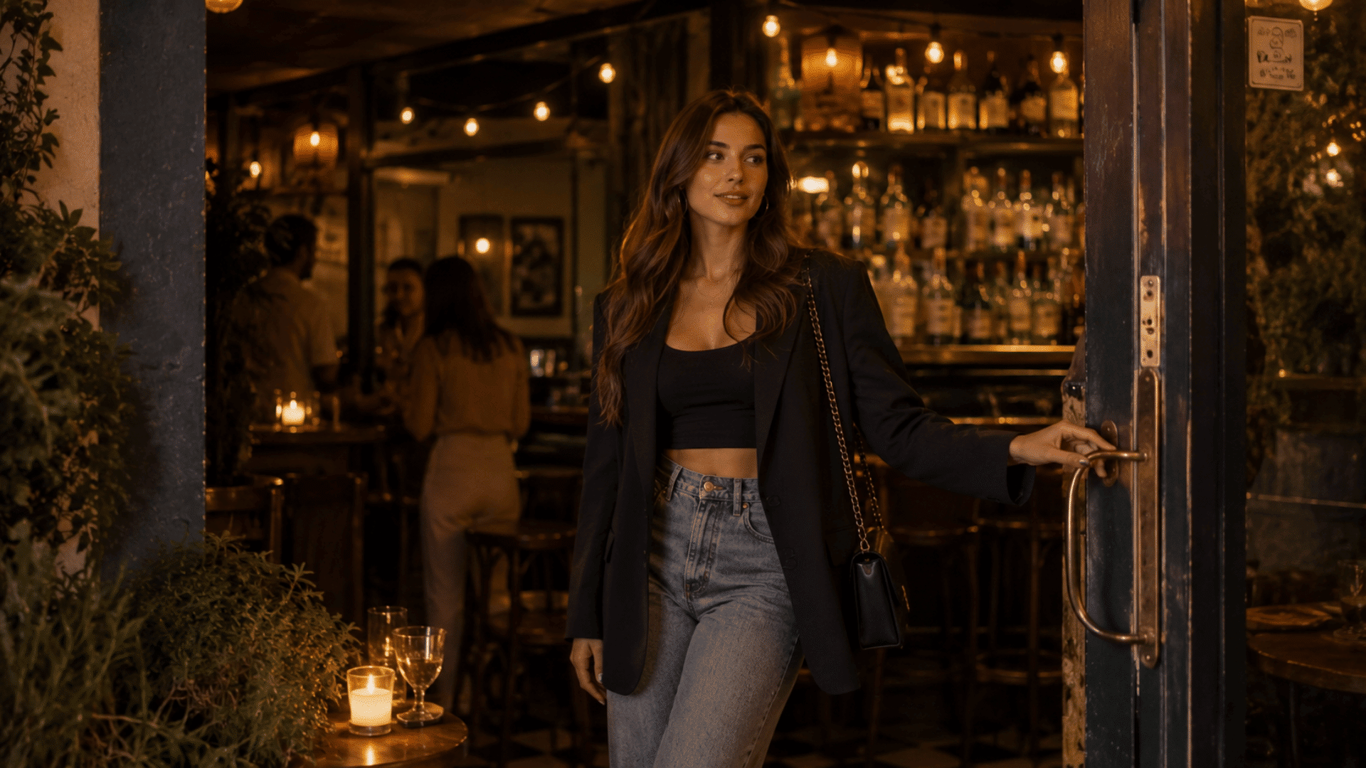 stylish woman entering a bar, showing outfit ideas for what to wear to a bar