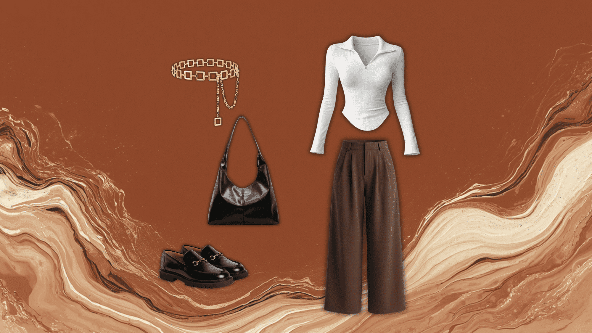 white blouse and brown trousers with gold chain belt styled in clean minimal office fashion aesthetic