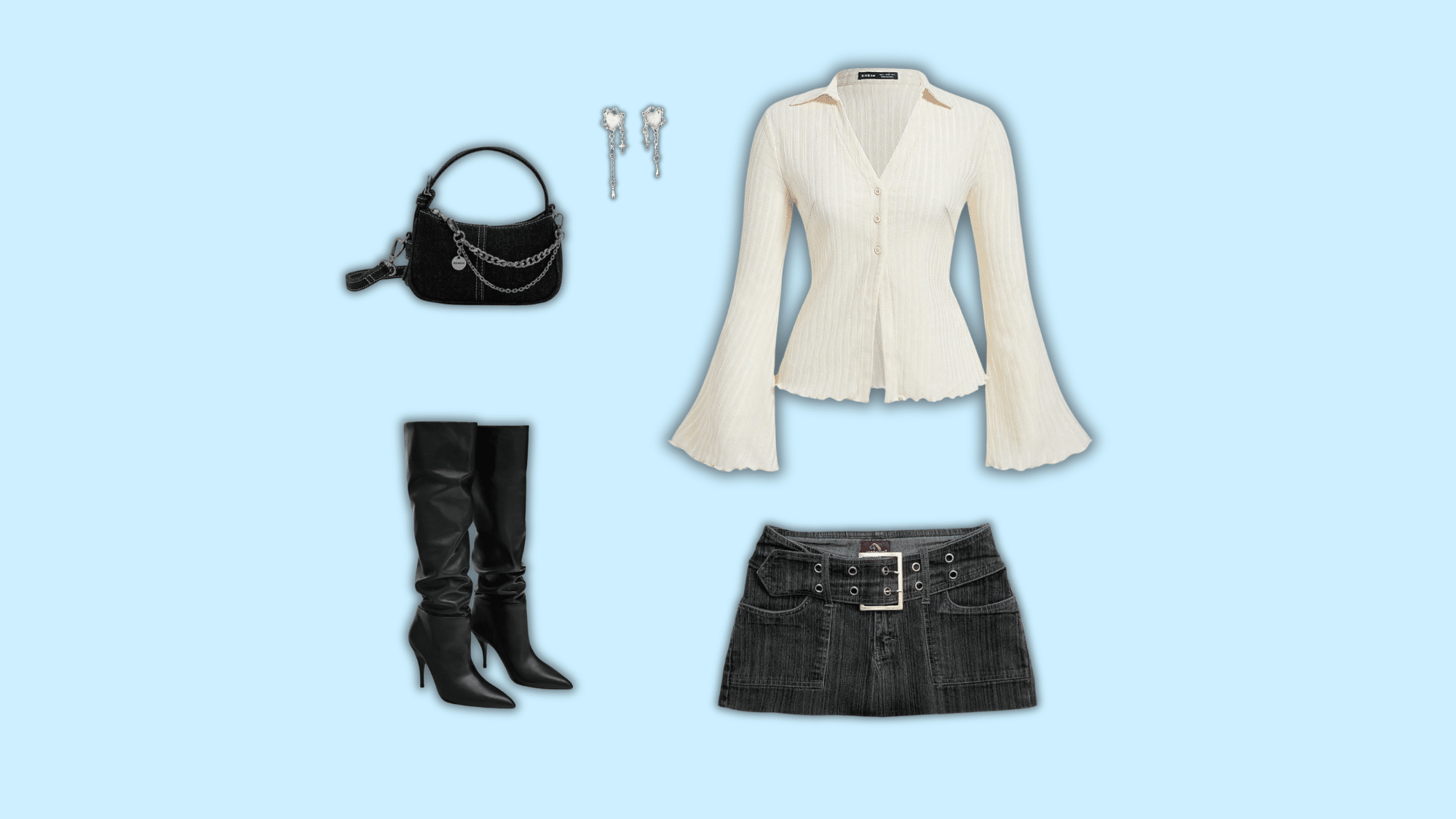 white button down shirt with black mini skirt and boots