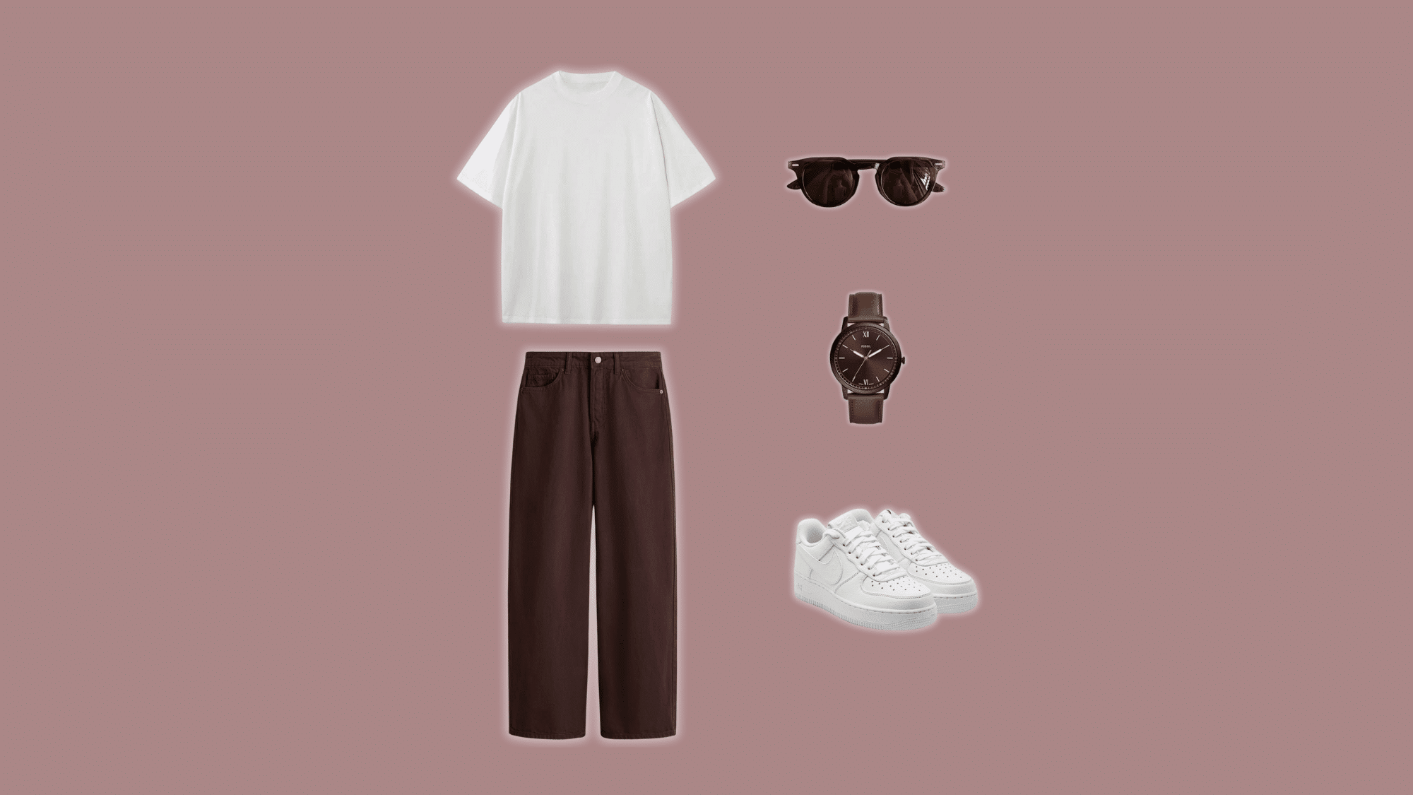 white crew neck t-shirt with slim brown pants and white sneakers on light pastel background