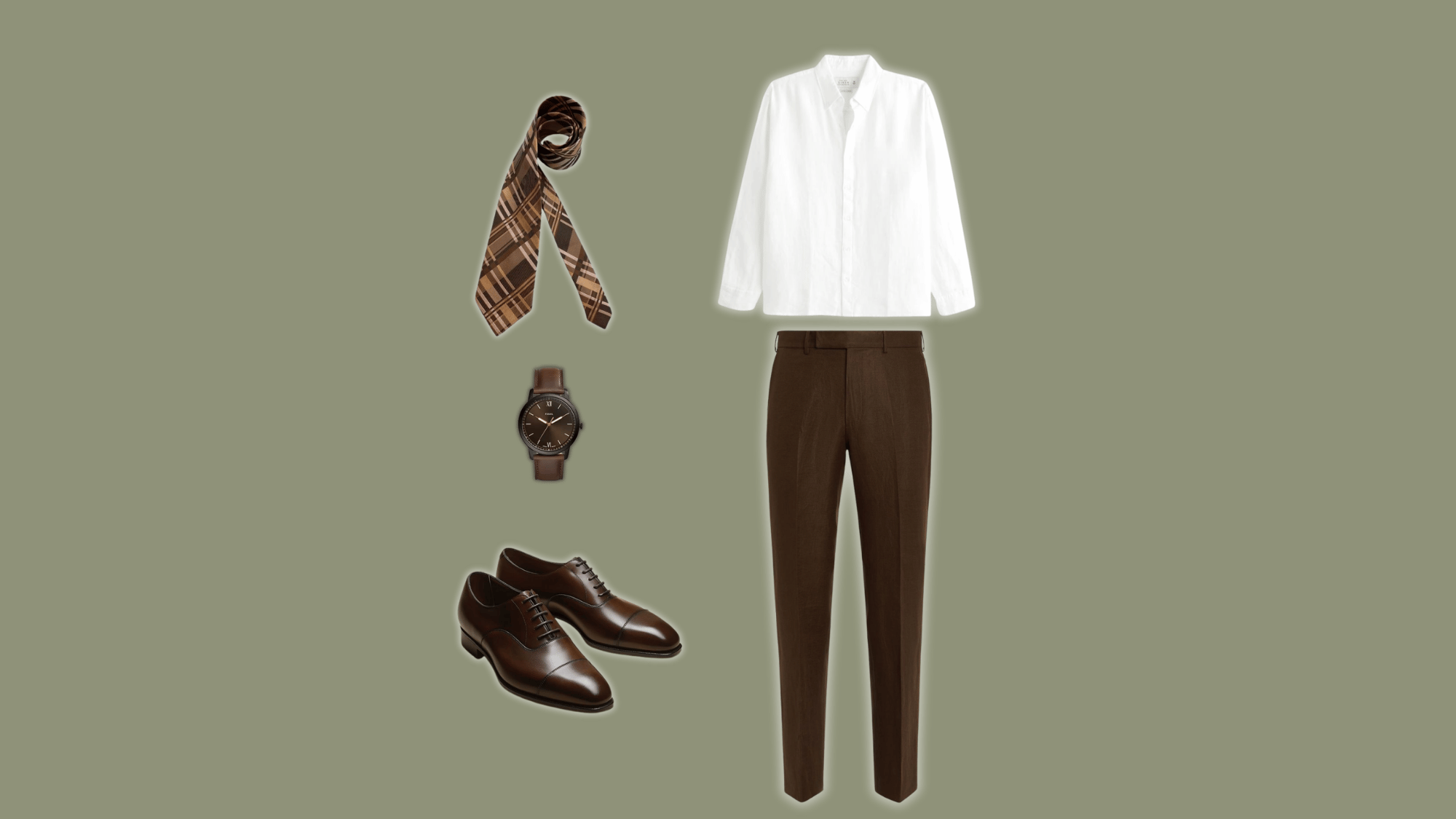 white dress shirt tucked into tailored brown pants with Oxford shoes