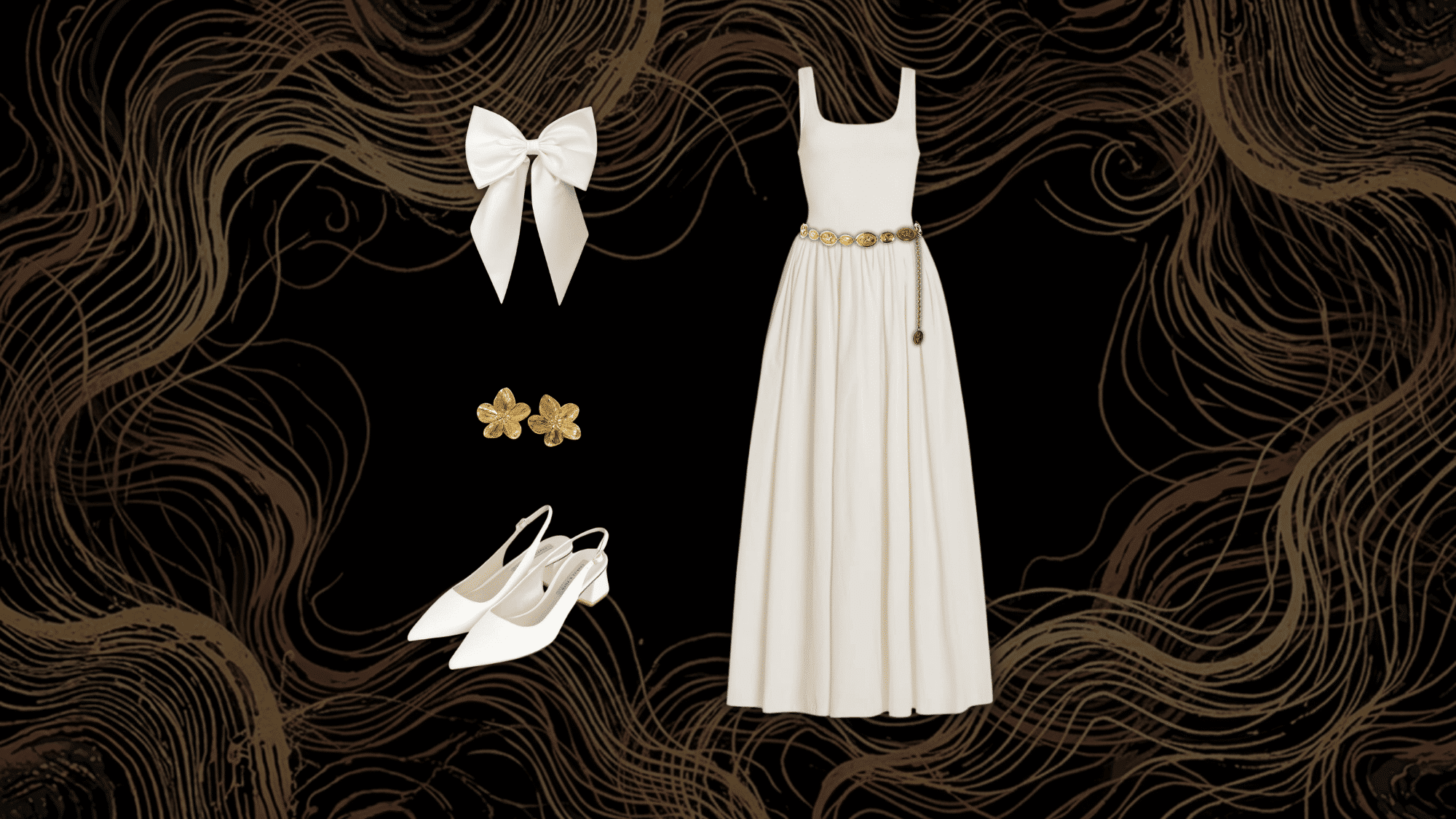 white flowy dress with gold chain belt styled in soft feminine elegant fashion editorial aesthetic look