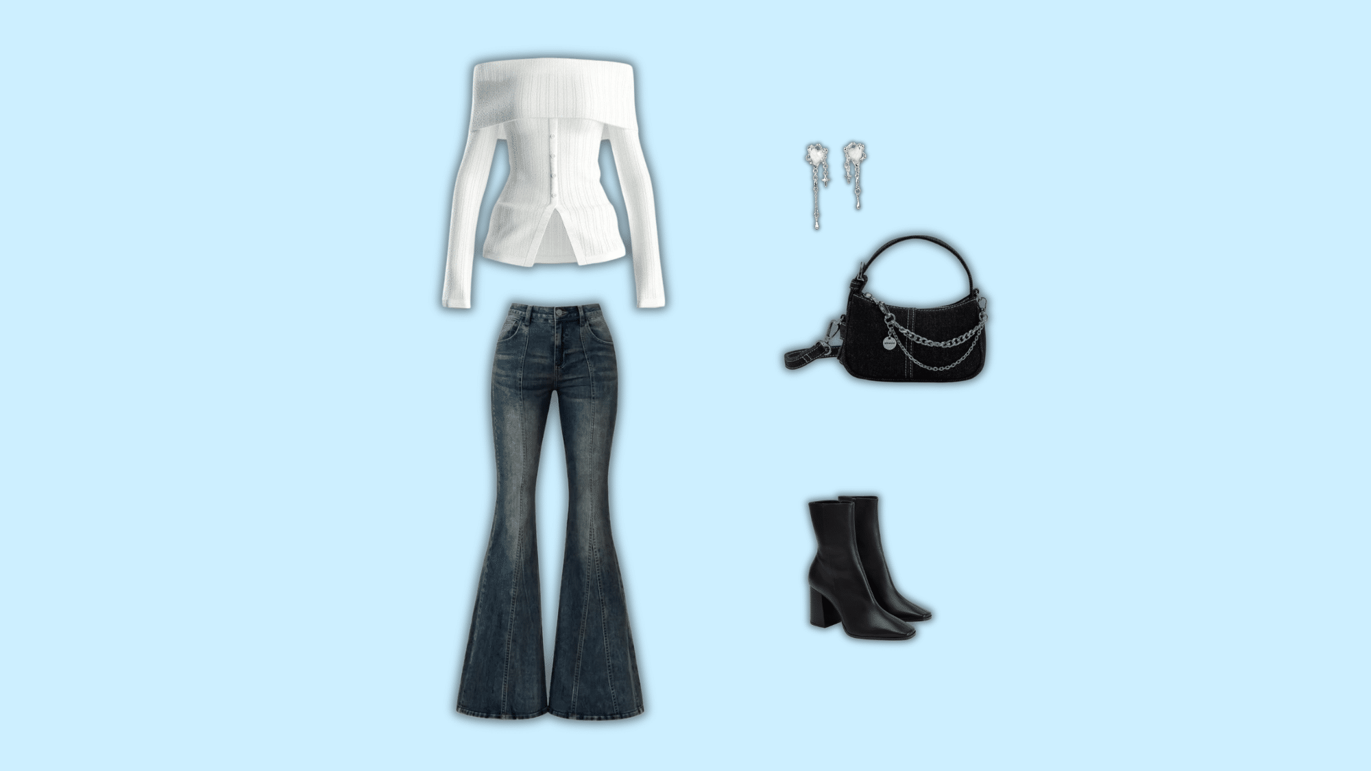 white knit top with dark flared jeans and black boots