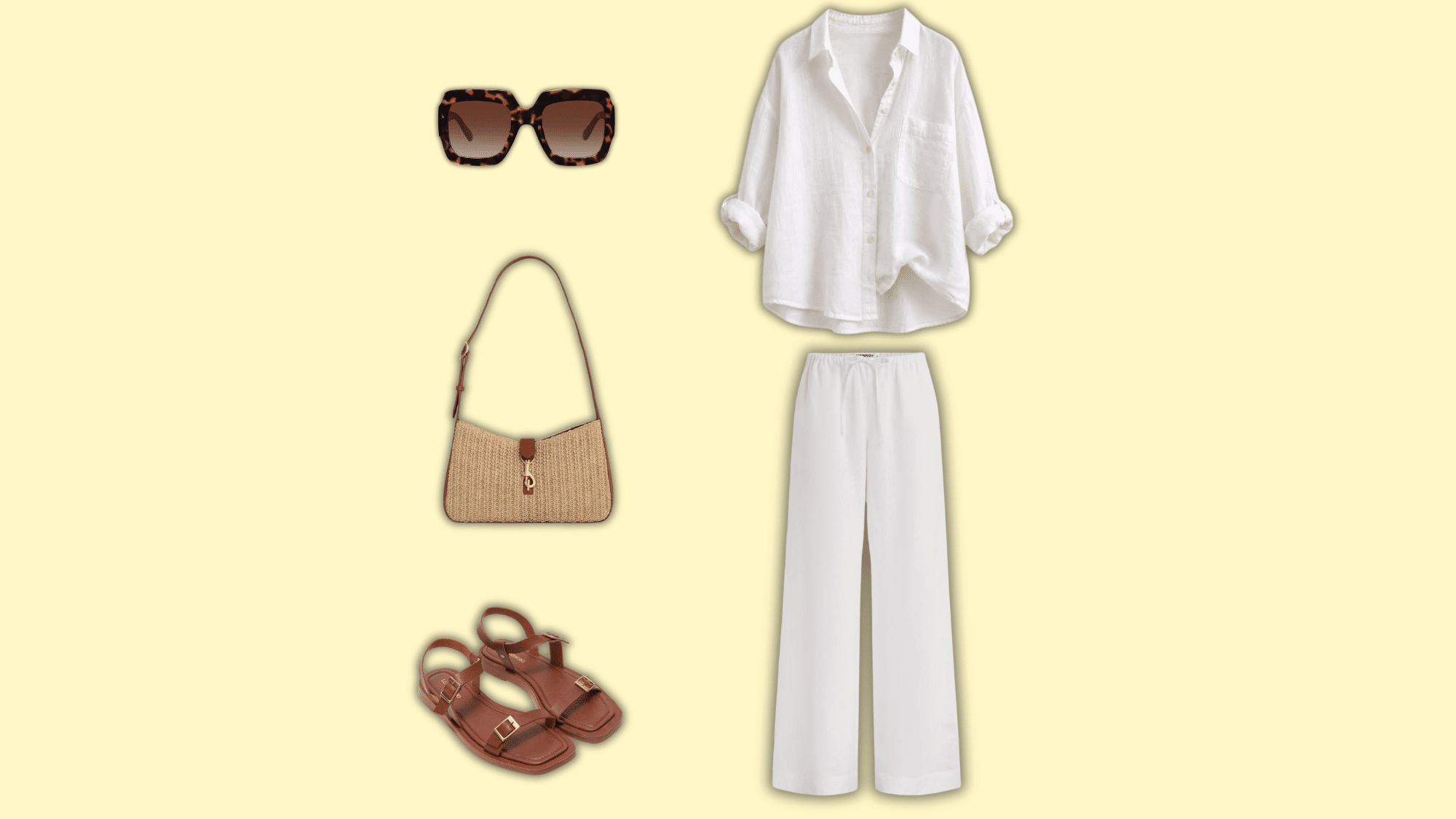 white linen co ord with sandals and woven bag