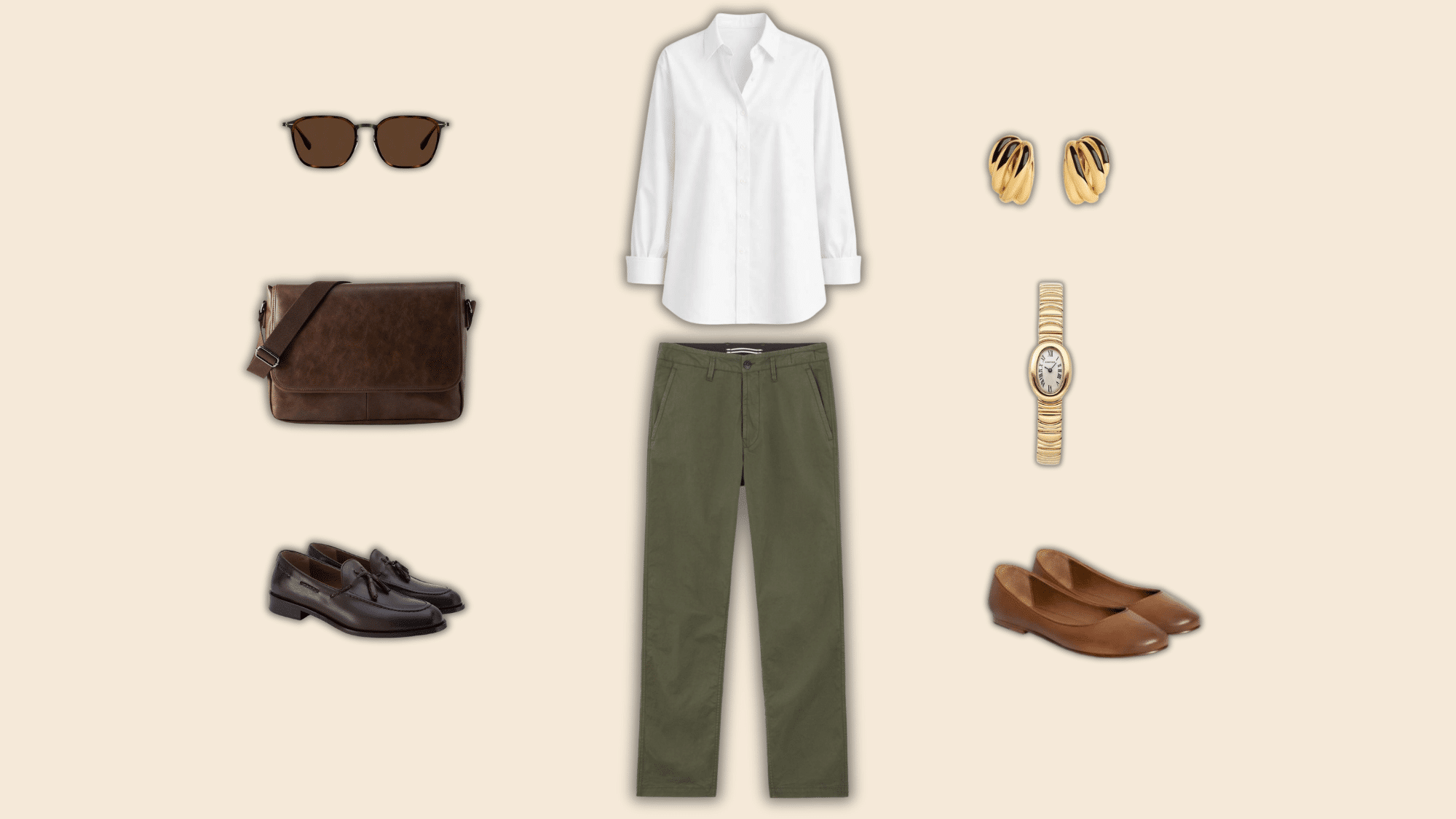 white shirt olive pants with brown accessories in neutral collage