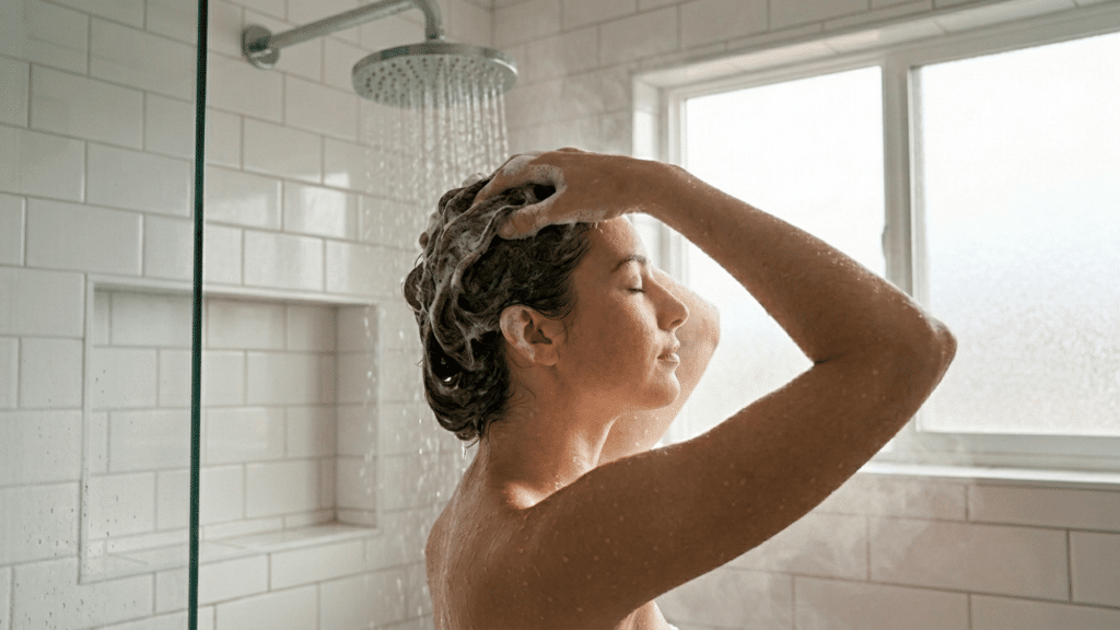 woman side profile washing hair with shampoo lather under a modern shower in a bright bathroom