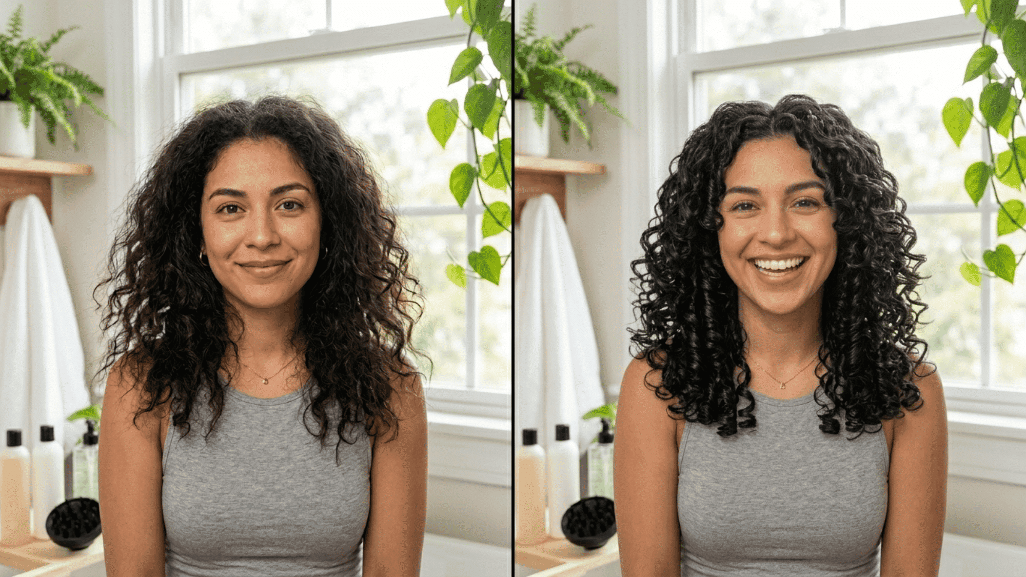 woman with defined curly hair after shampoo showing clean bouncy curls with soft natural shape