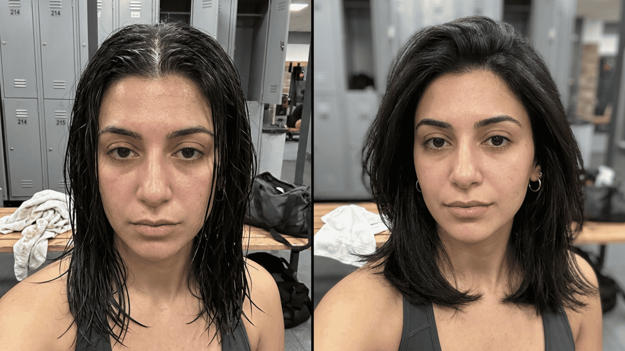 woman with fresh clean roots after shampoo showing an oily scalp refreshed with light natural volume