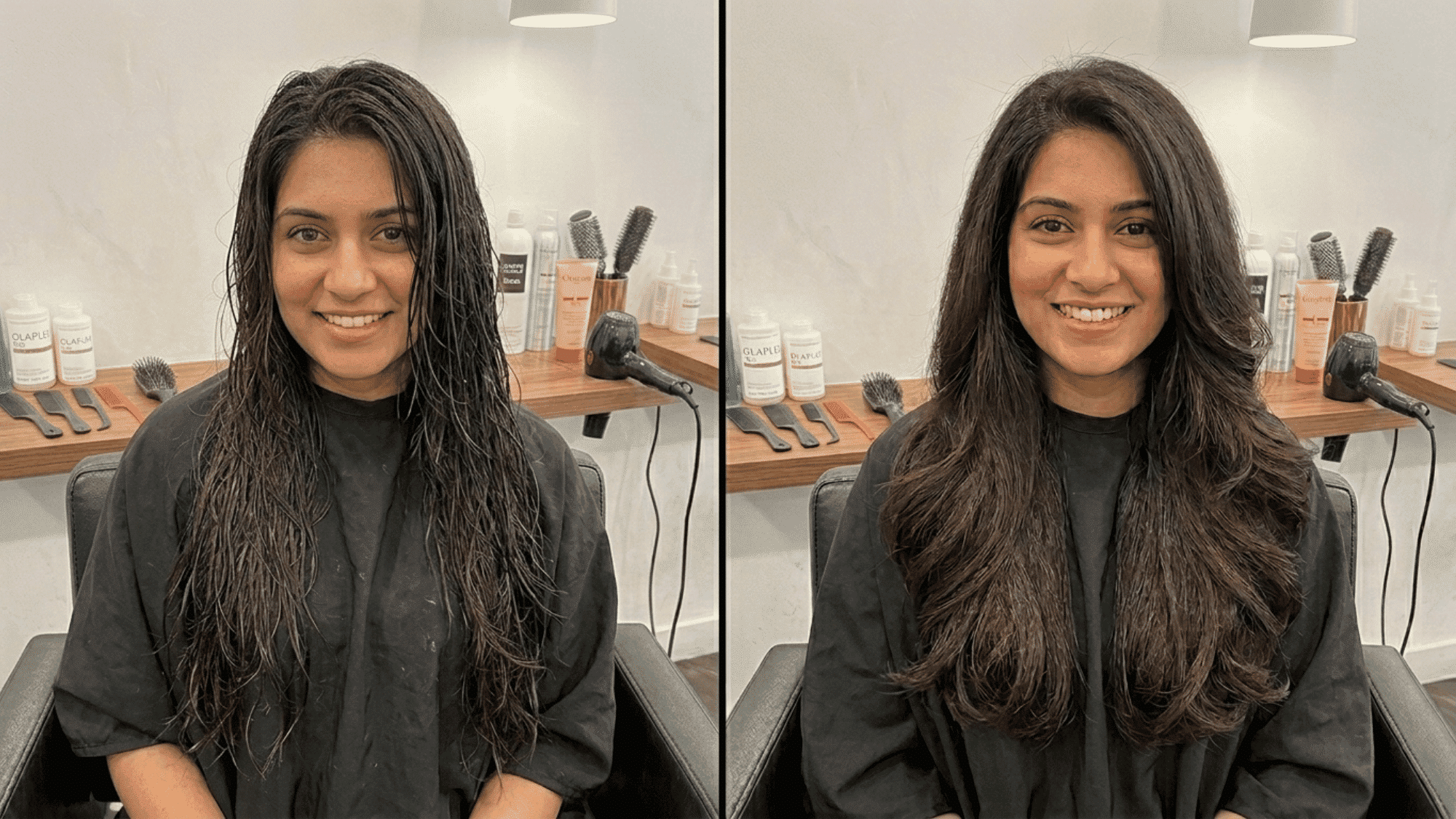 woman with fuller softer hair after shampoo showing thick dark strands with smooth natural movement