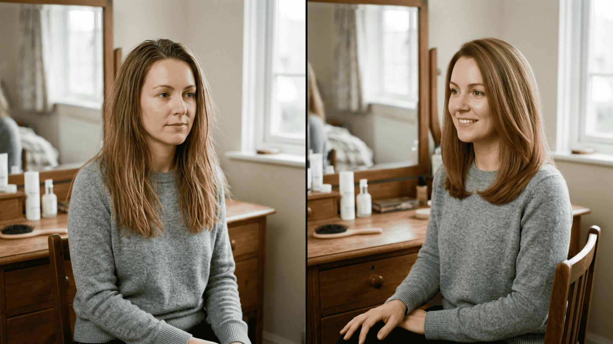 woman with smoother shinier hair after shampoo showing soft brown strands and a clean healthy finish