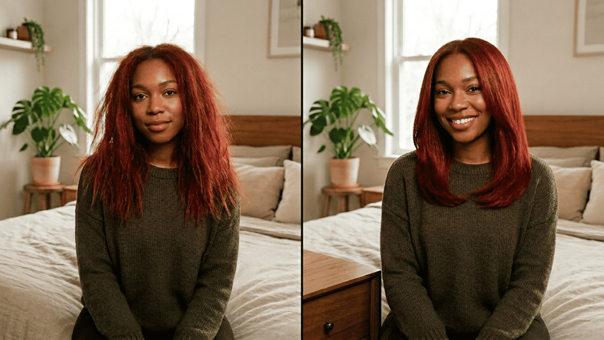 woman with smoother shinier red hair after shampoo showing glossy color treated strands and soft finish