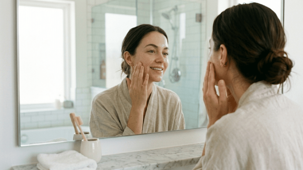 woman smiling at her reflection while gently touching her cheek in a bright bathroom during skincare routine