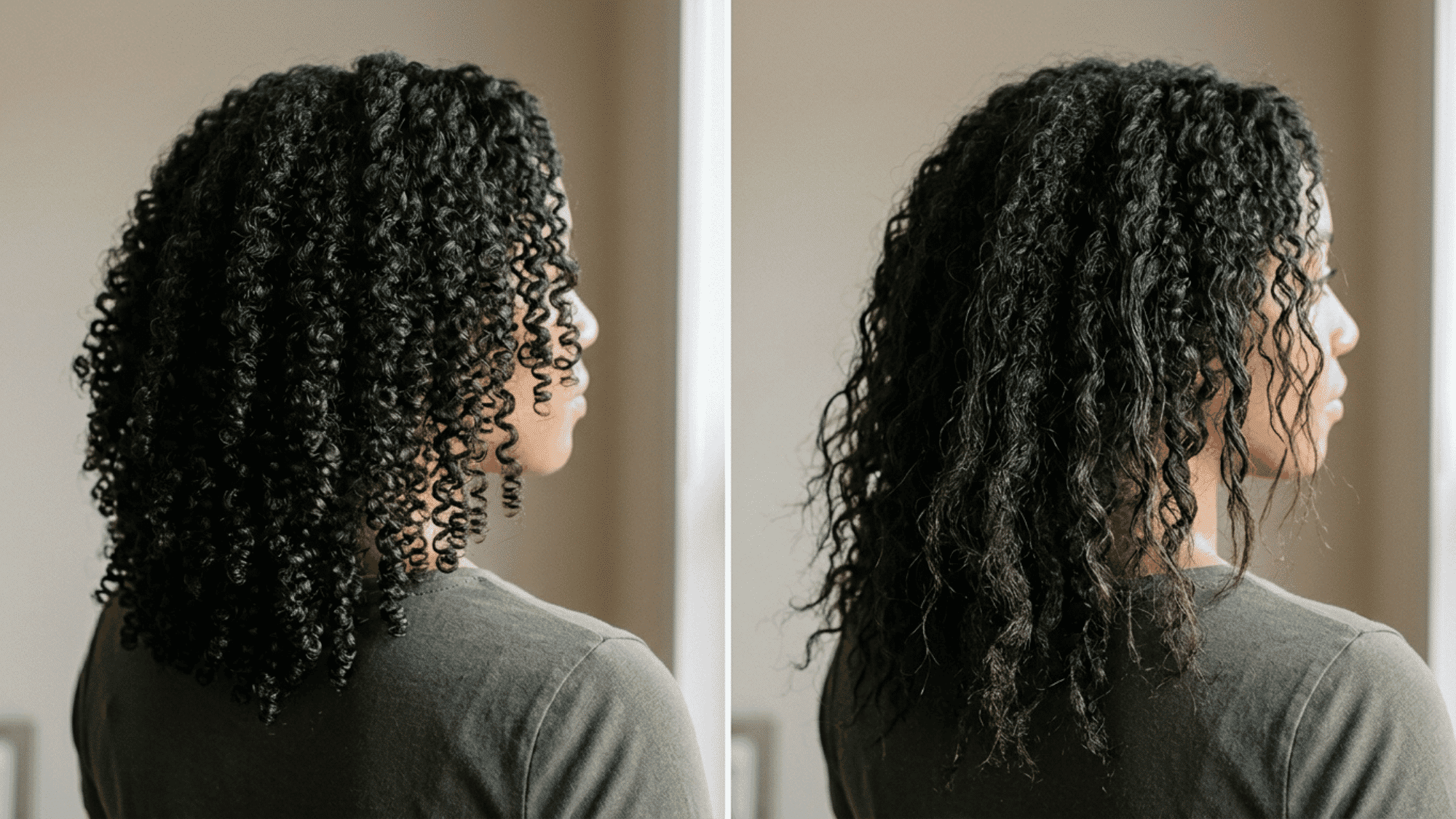 side by side comparison of healthy natural 3c curls and loosened curls after heat or color damage