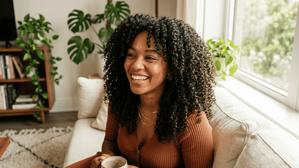 woman showing natural 3c curls with defined coils