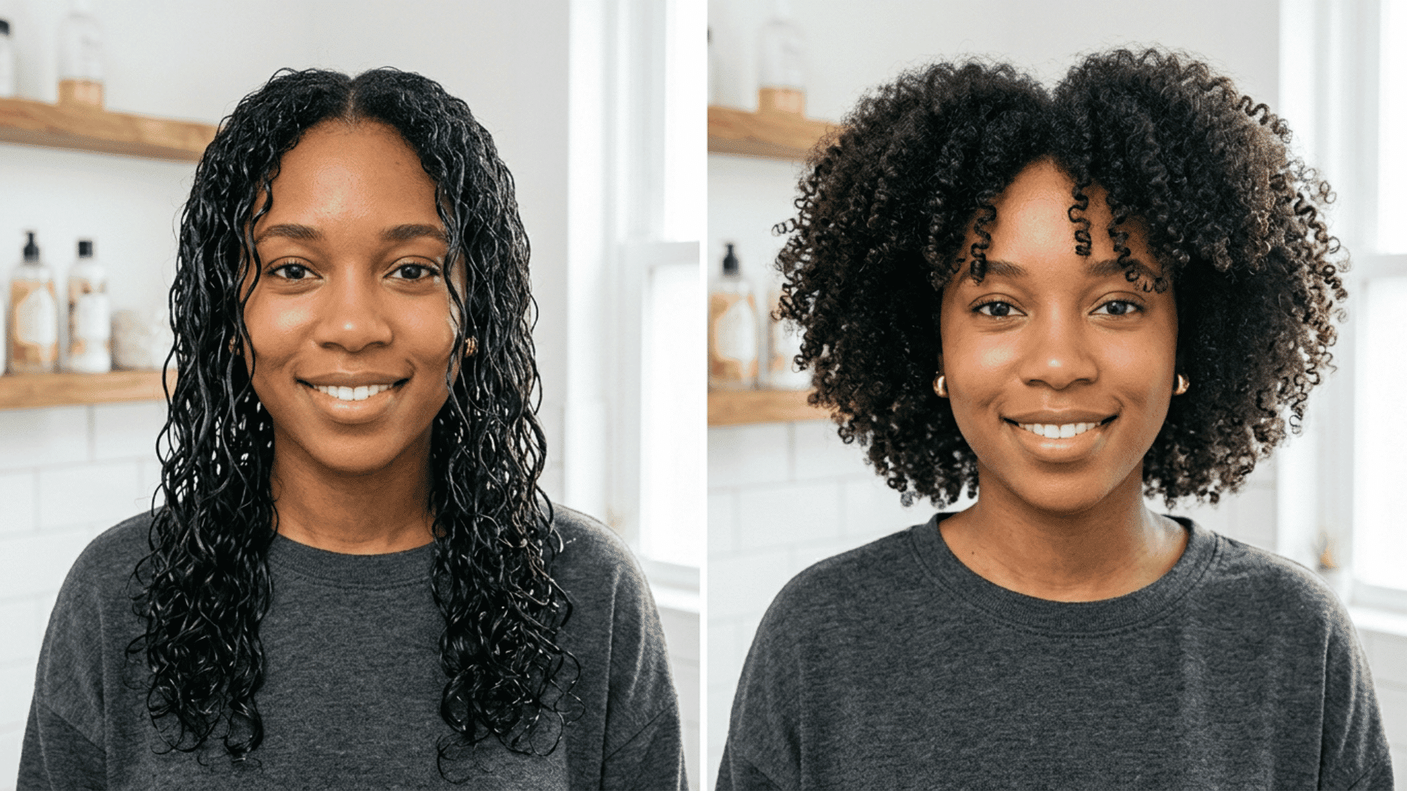 wet and dry 3c hair comparison showing shrinkage curl definition and volume changes