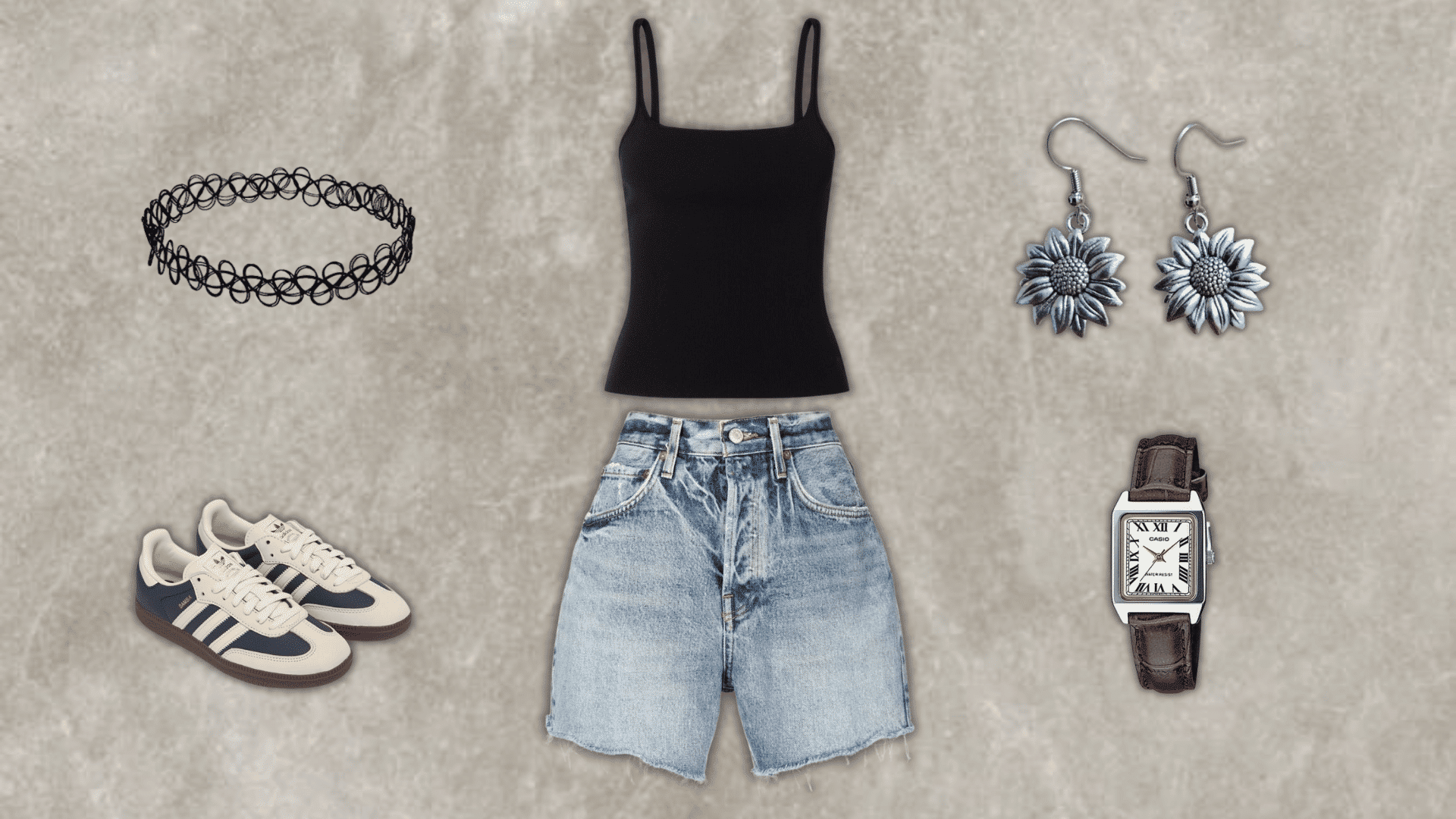 90s black tank top outfit with denim shorts choker and sneakers from the blog
