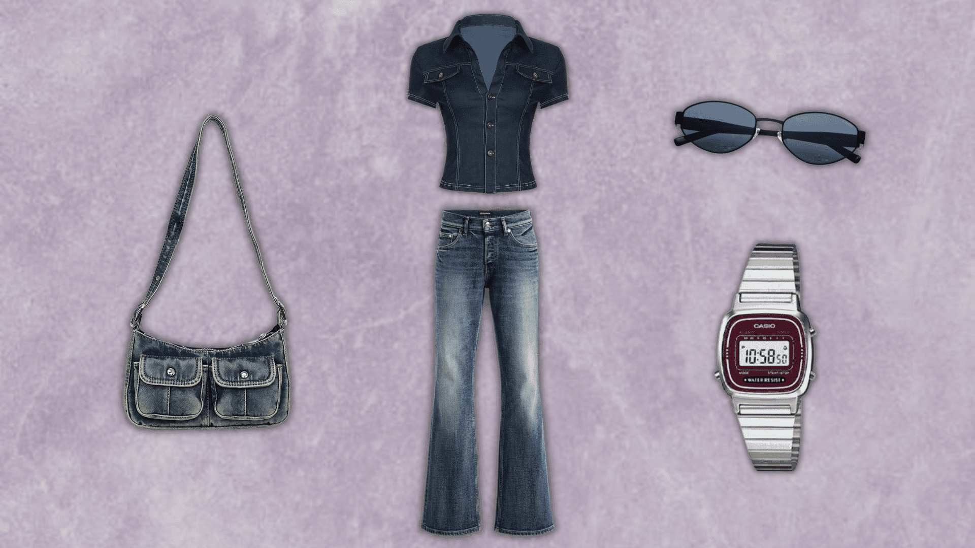 90s denim shirt outfit with flare jeans and a denim shoulder bag from the blog