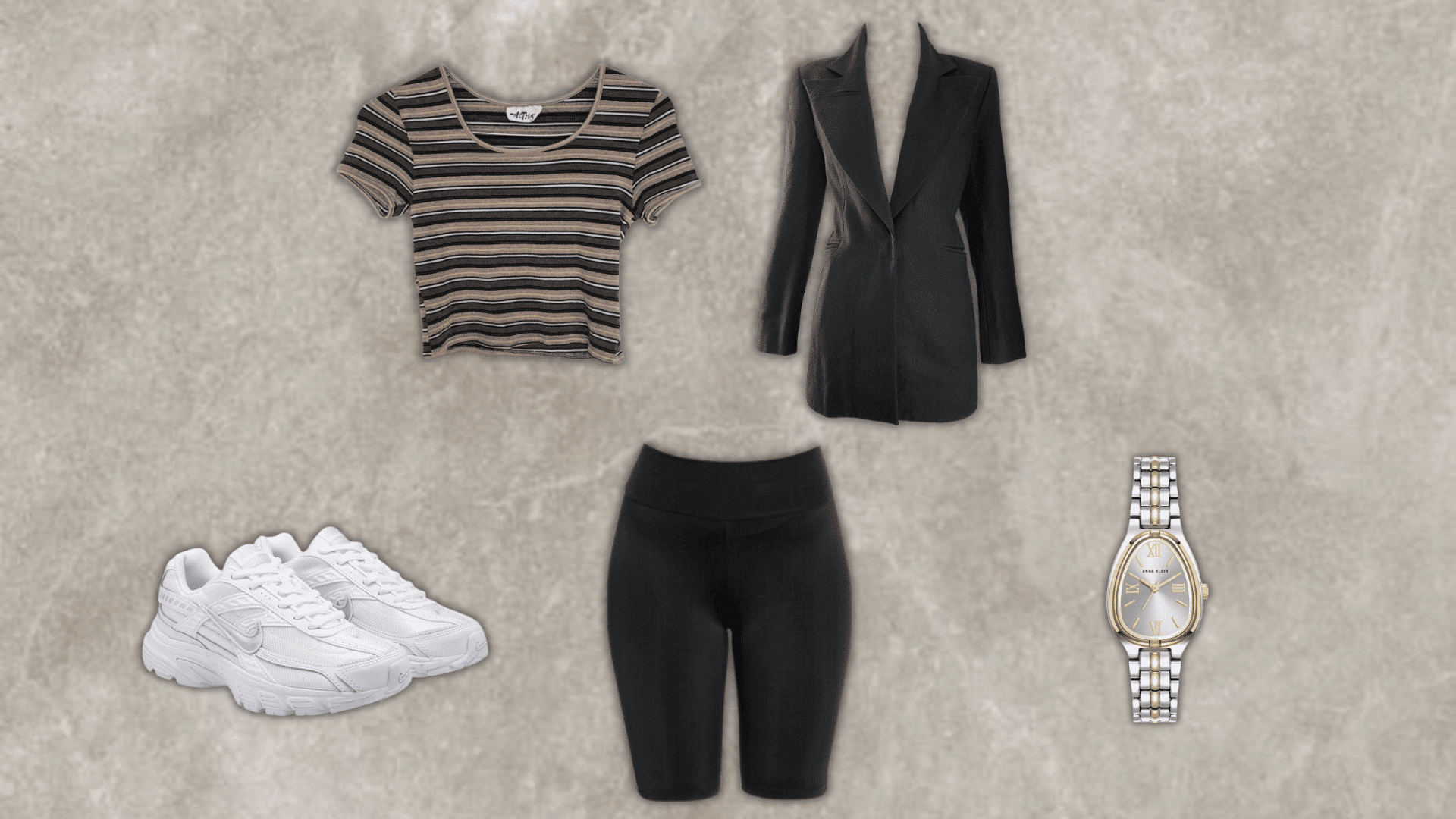 90s oversized blazer outfit with bike shorts and a striped top from the blog
