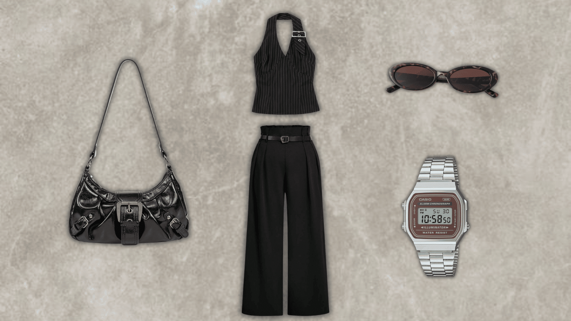 90s pinstripe halter top outfit with black trousers and a digital watch from the blog