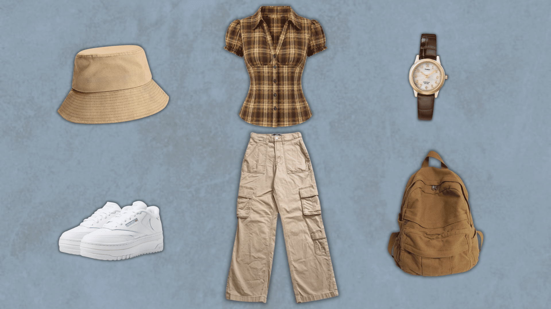 90s plaid top outfit with cargo pants bucket hat and backpack from the blog