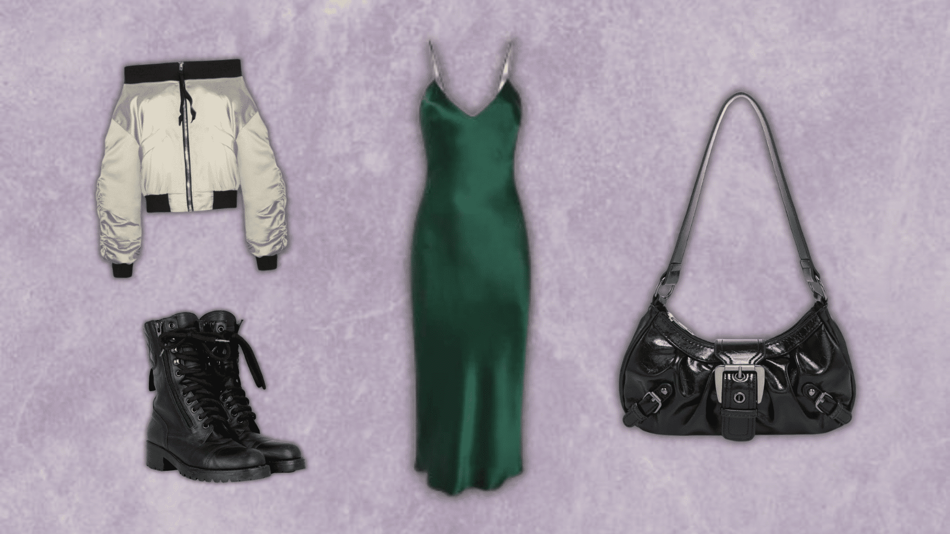 90s satin bomber jacket outfit layered over a green slip dress from the blog