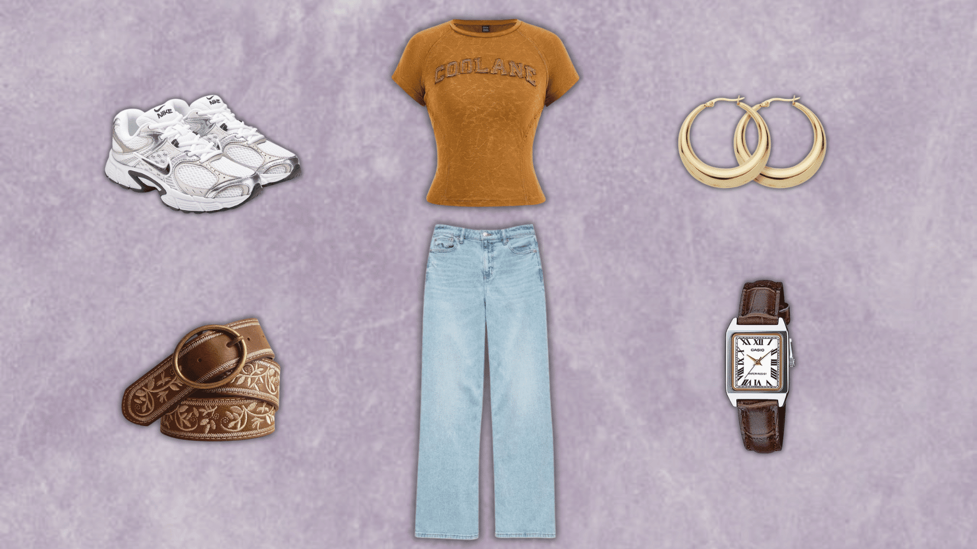 90s style brown graphic tee with jeans white sneakers gold hoops and belt flat lay