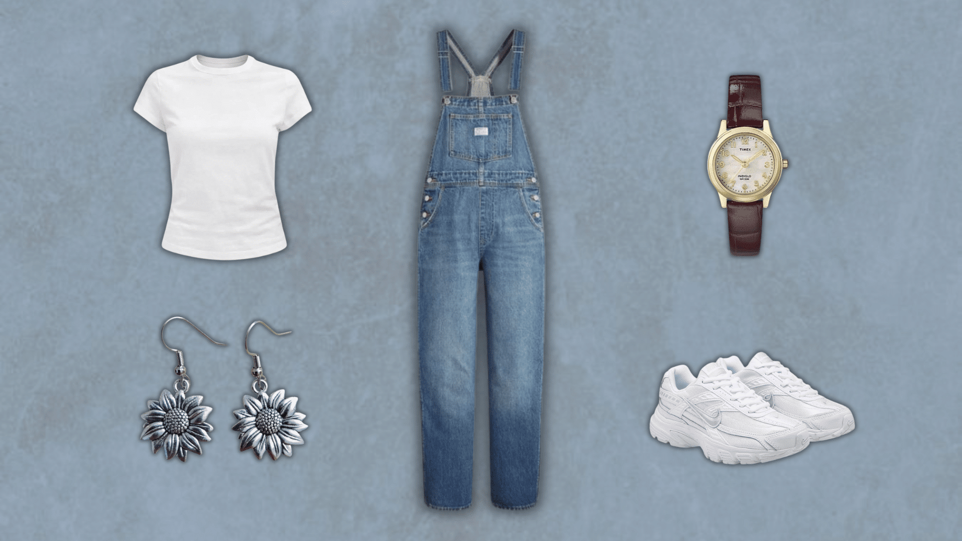 90s style denim overalls with white tee sunflower earrings and white sneakers flat lay