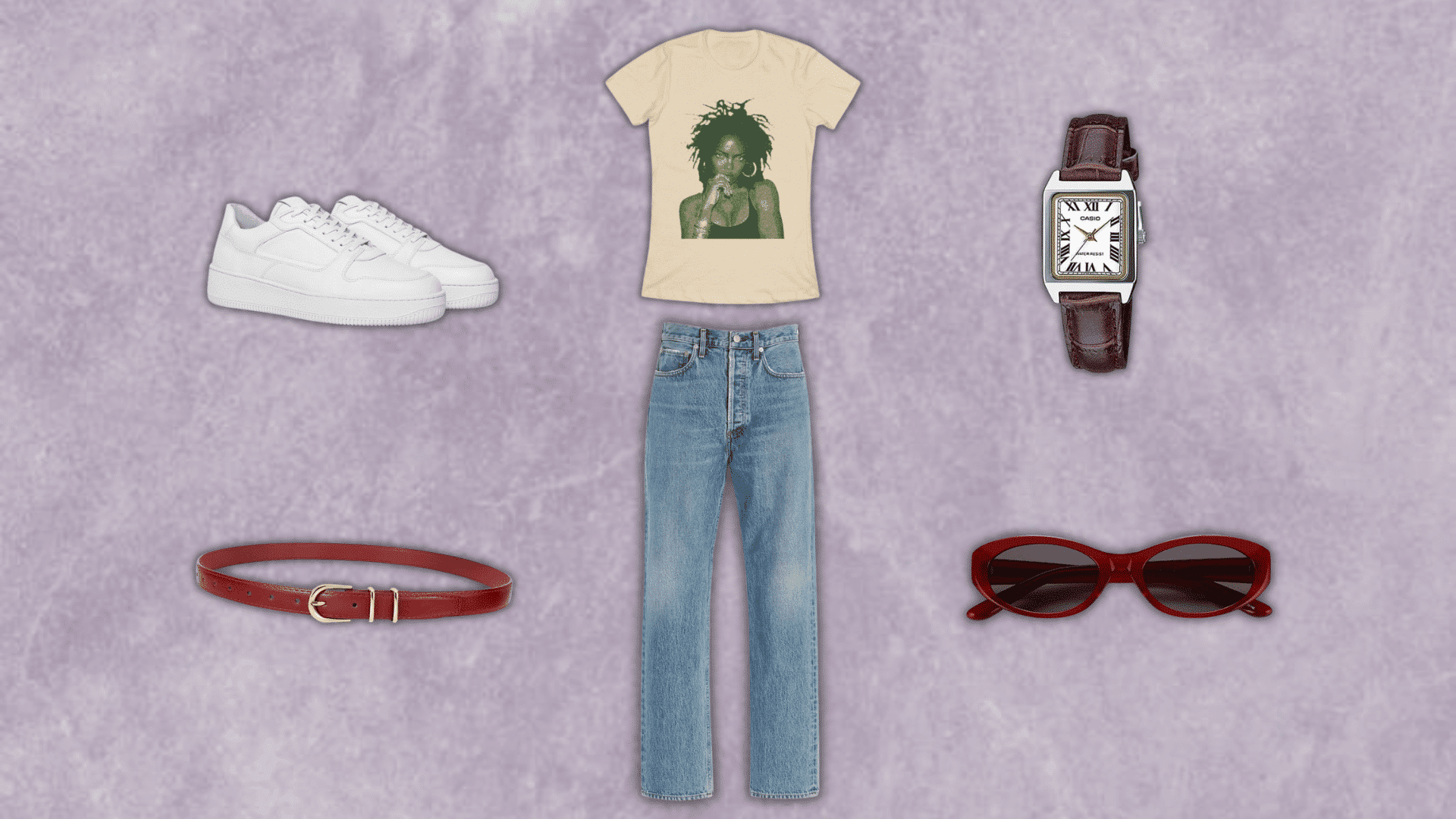 90s style graphic tee with mom jeans white sneakers red belt and sunglasses flat lay