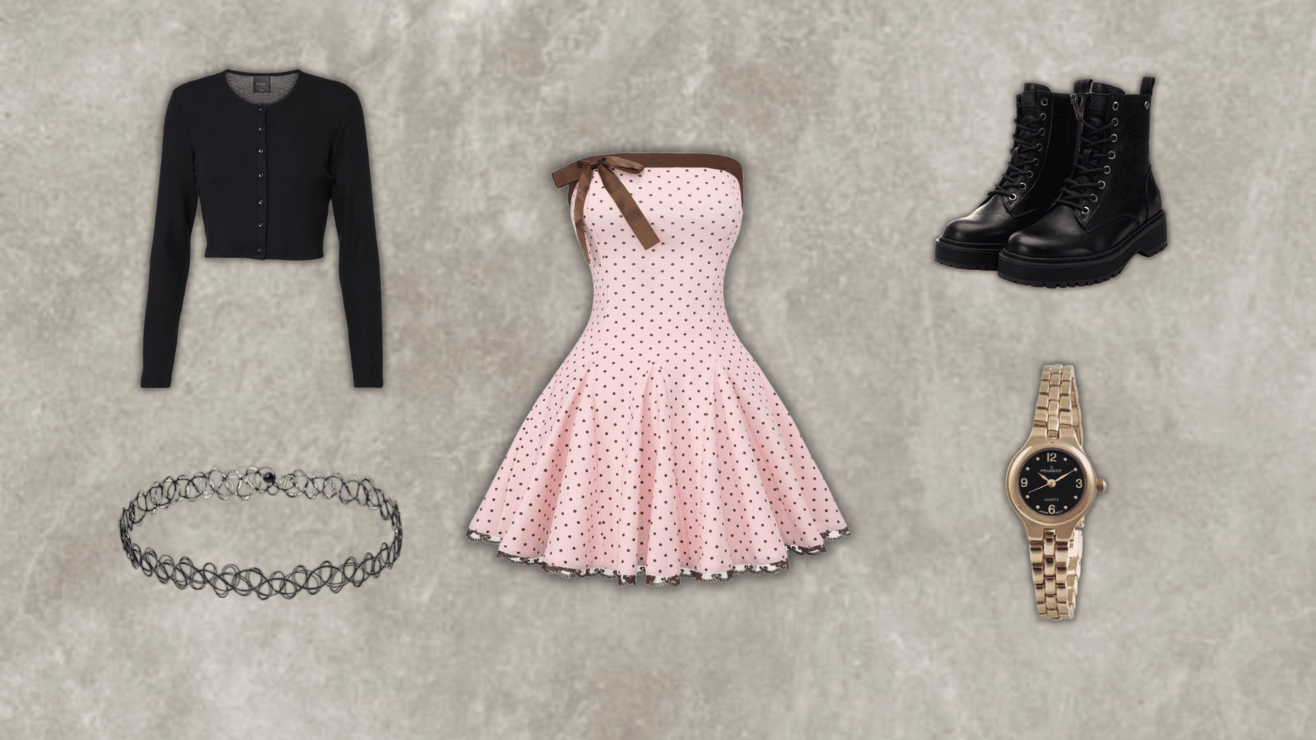 90s style pink polka dot baby doll dress with cropped cardigan choker and combat boots flat lay