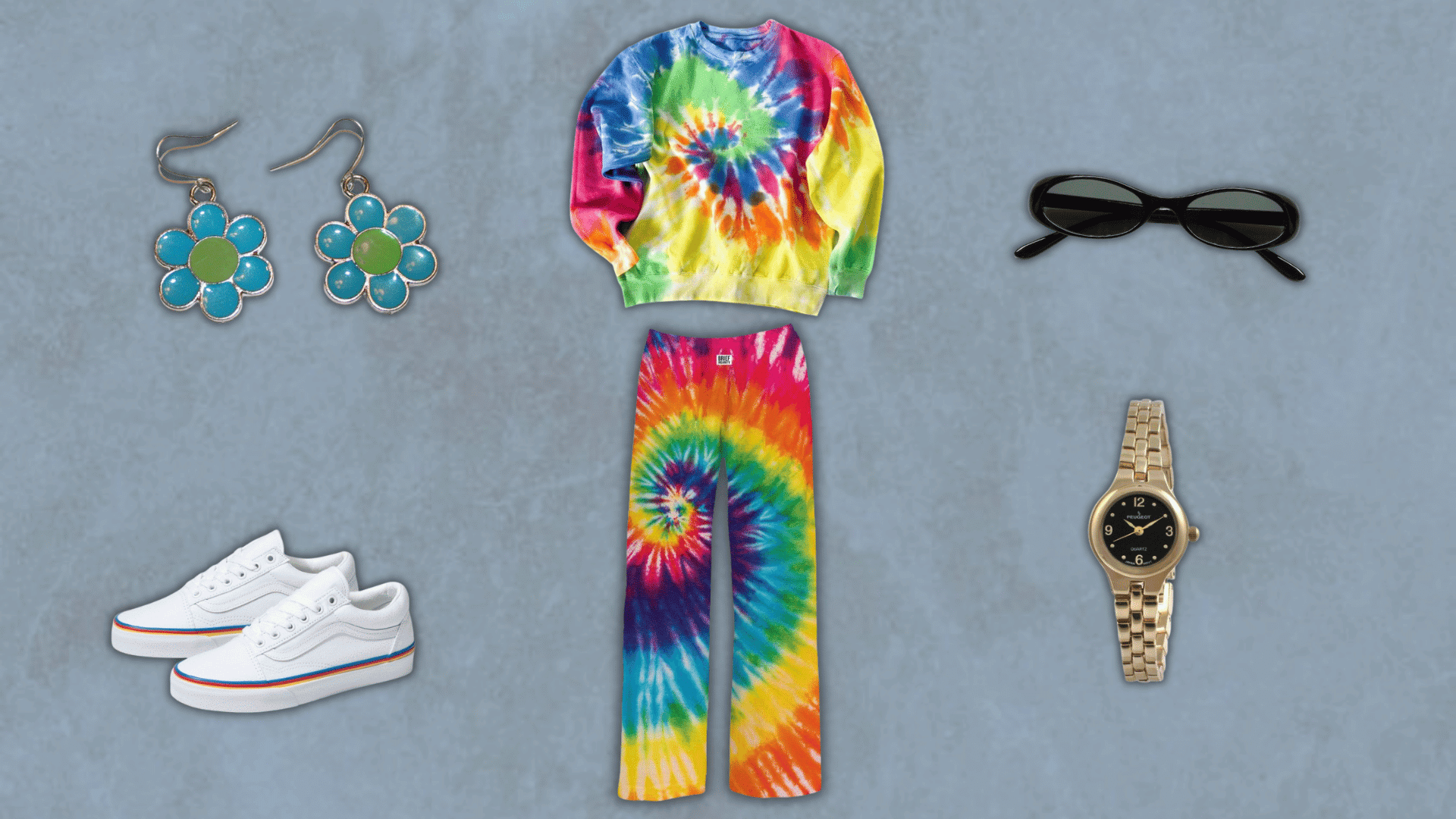90s tie dye sweatshirt outfit with matching pants and white sneakers from the blog