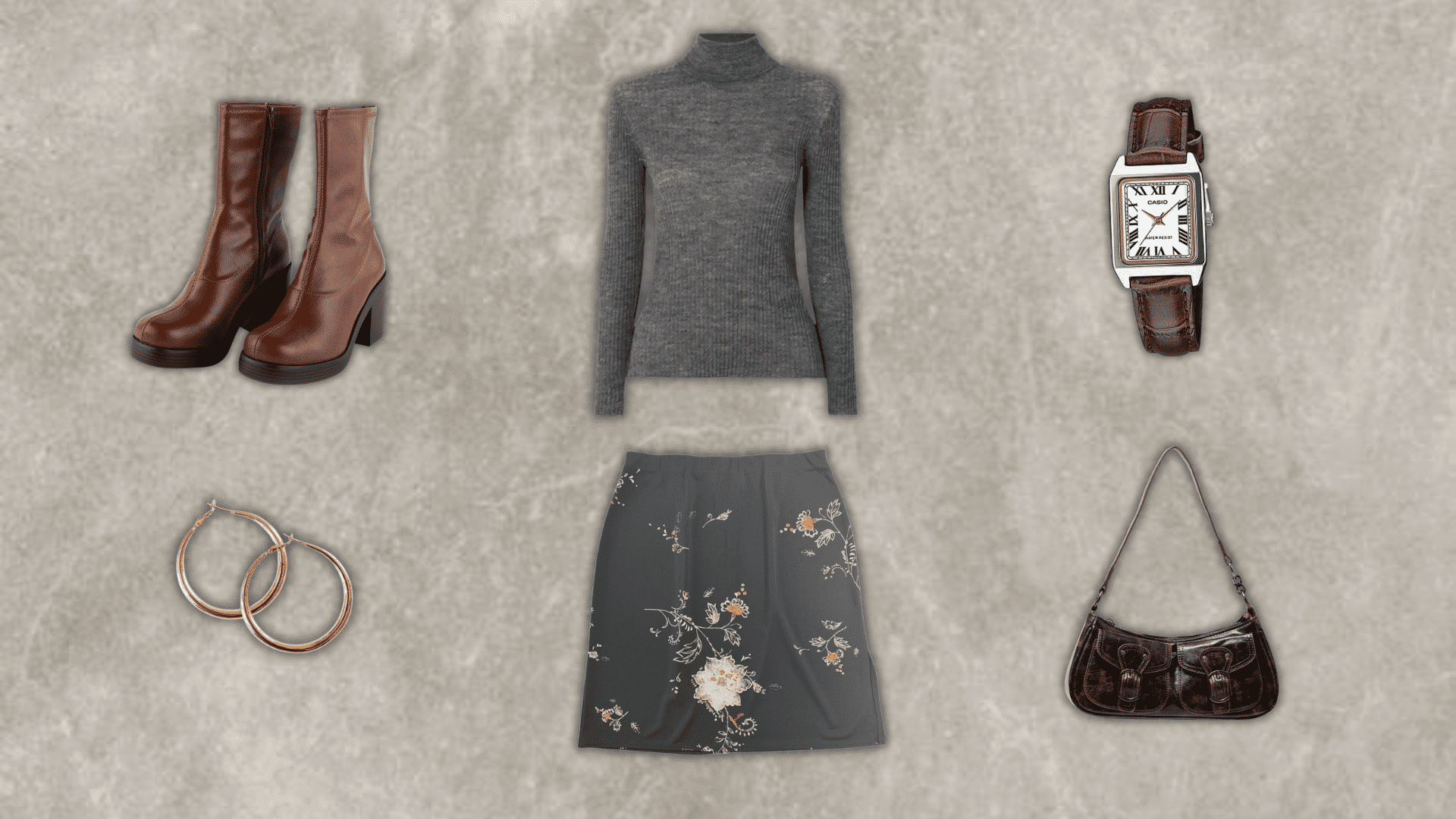 90s turtleneck sweater outfit with floral mini skirt and brown boots from the blog