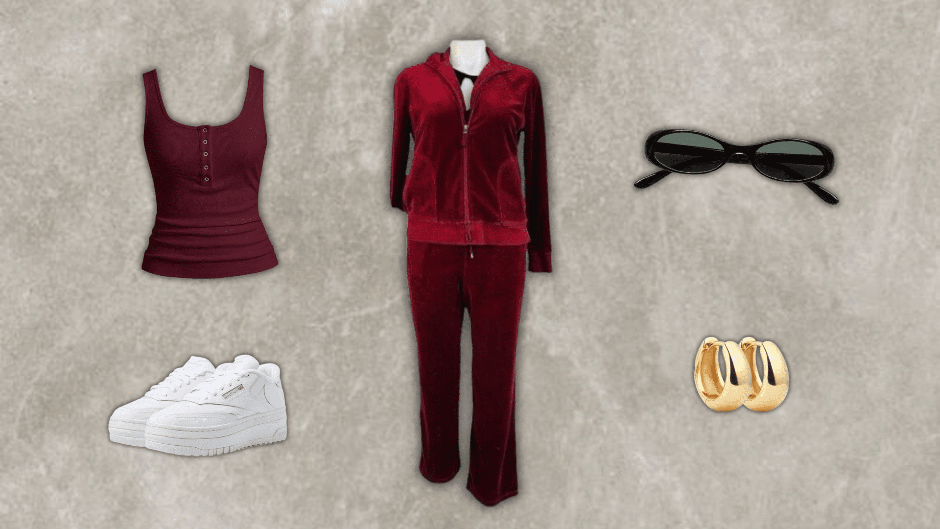 90s velour tracksuit outfit with tank top and platform sneakers from the blog
