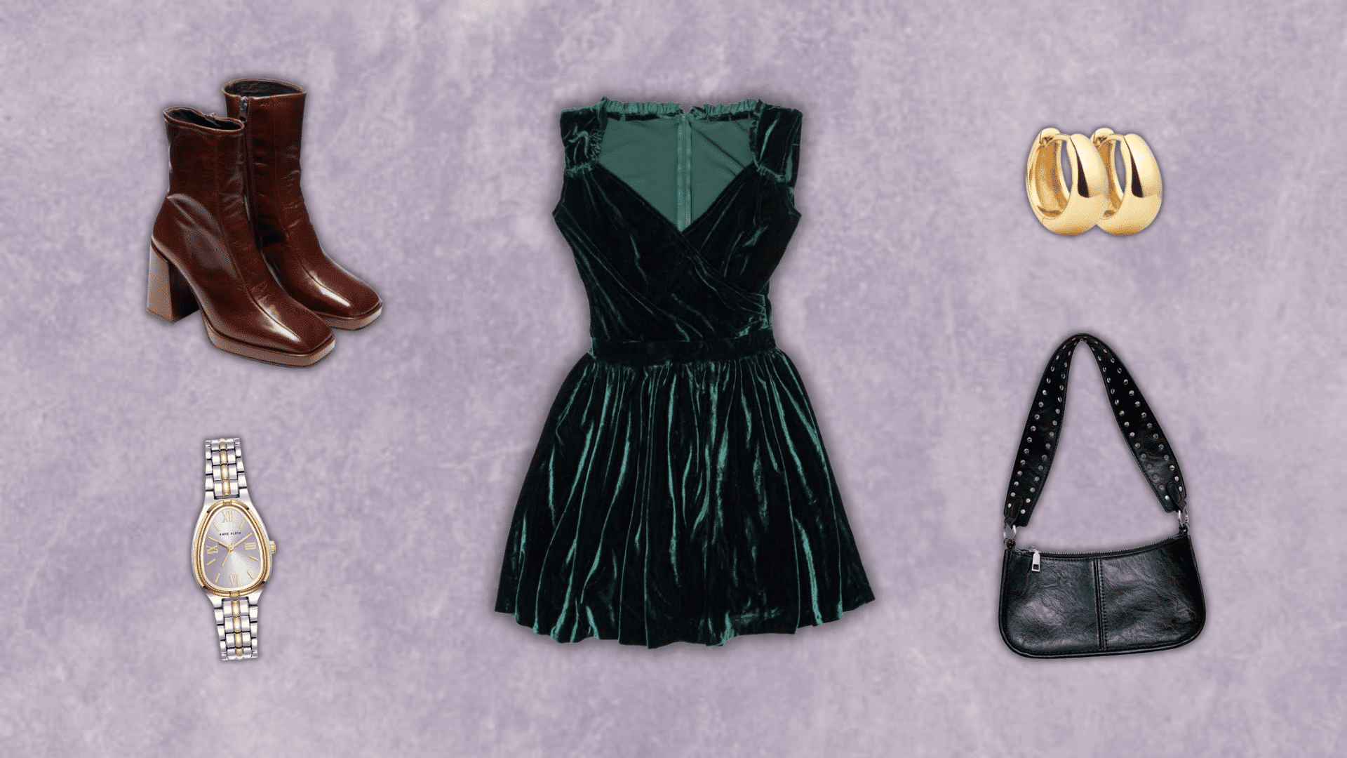 90s velvet mini dress outfit with brown boots gold hoops and shoulder bag from the blog