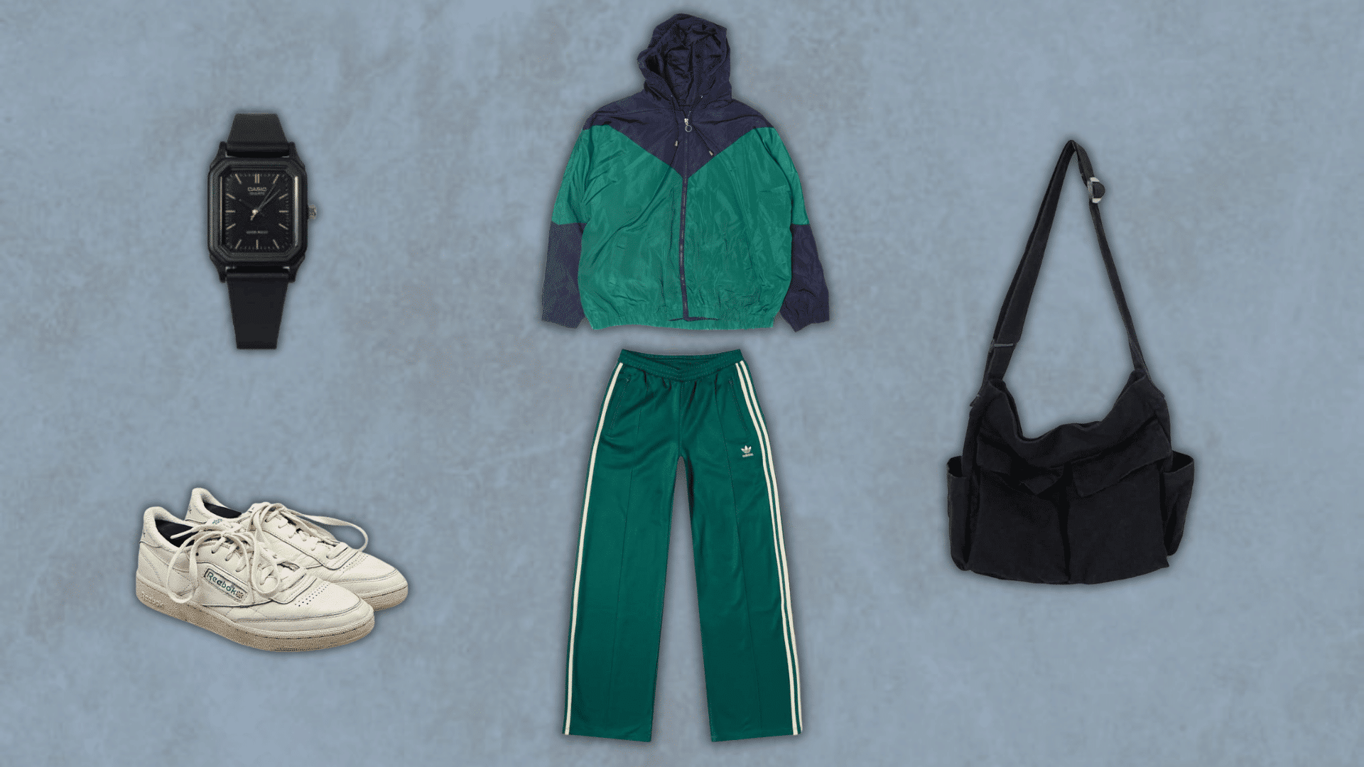 90s windbreaker jacket outfit with track pants and sneakers from the blog