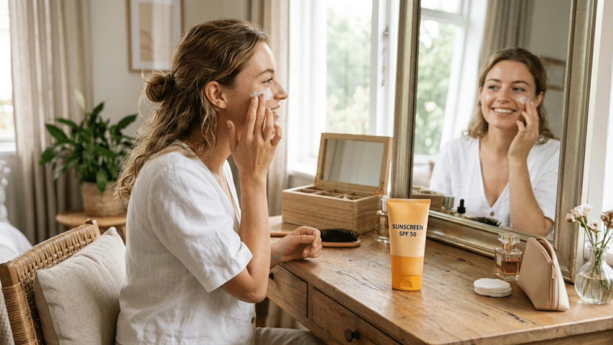 woman applying sunscreen during her morning skin care routine before makeup in a bright bedroom mirror